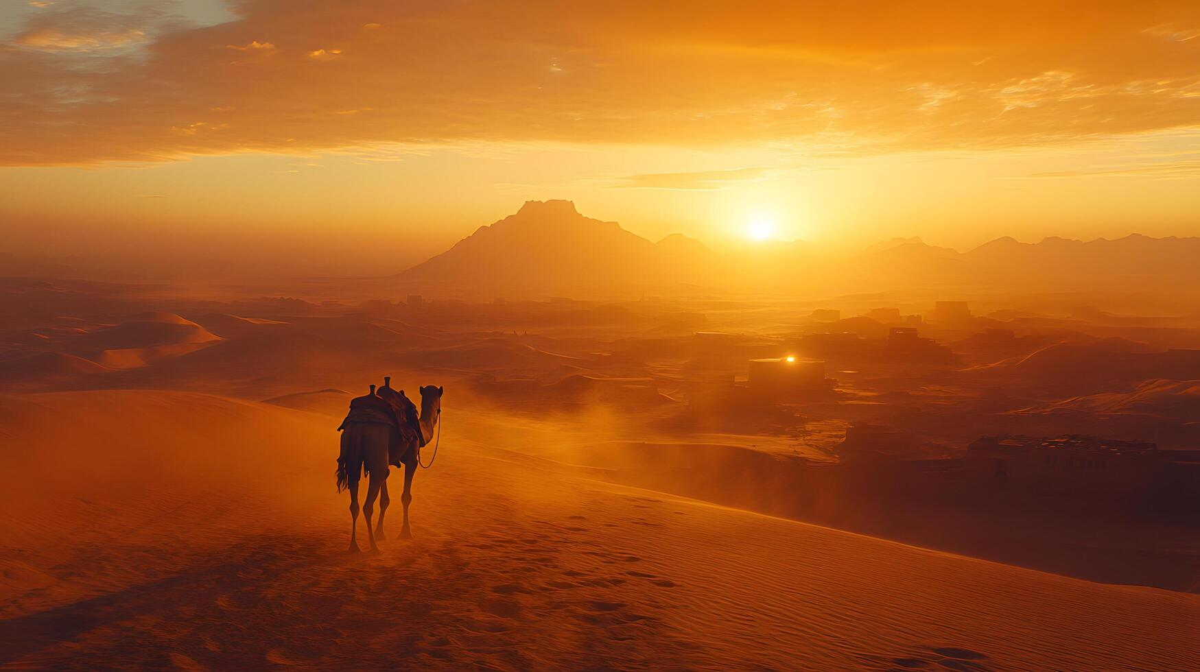 Lone camel traverses vast desert dunes during golden sunset, with windswept sand creating dramatic Sahara landscape. Warm orange tones fill dusty atmosphere while silhouetted mountains wilderness photo