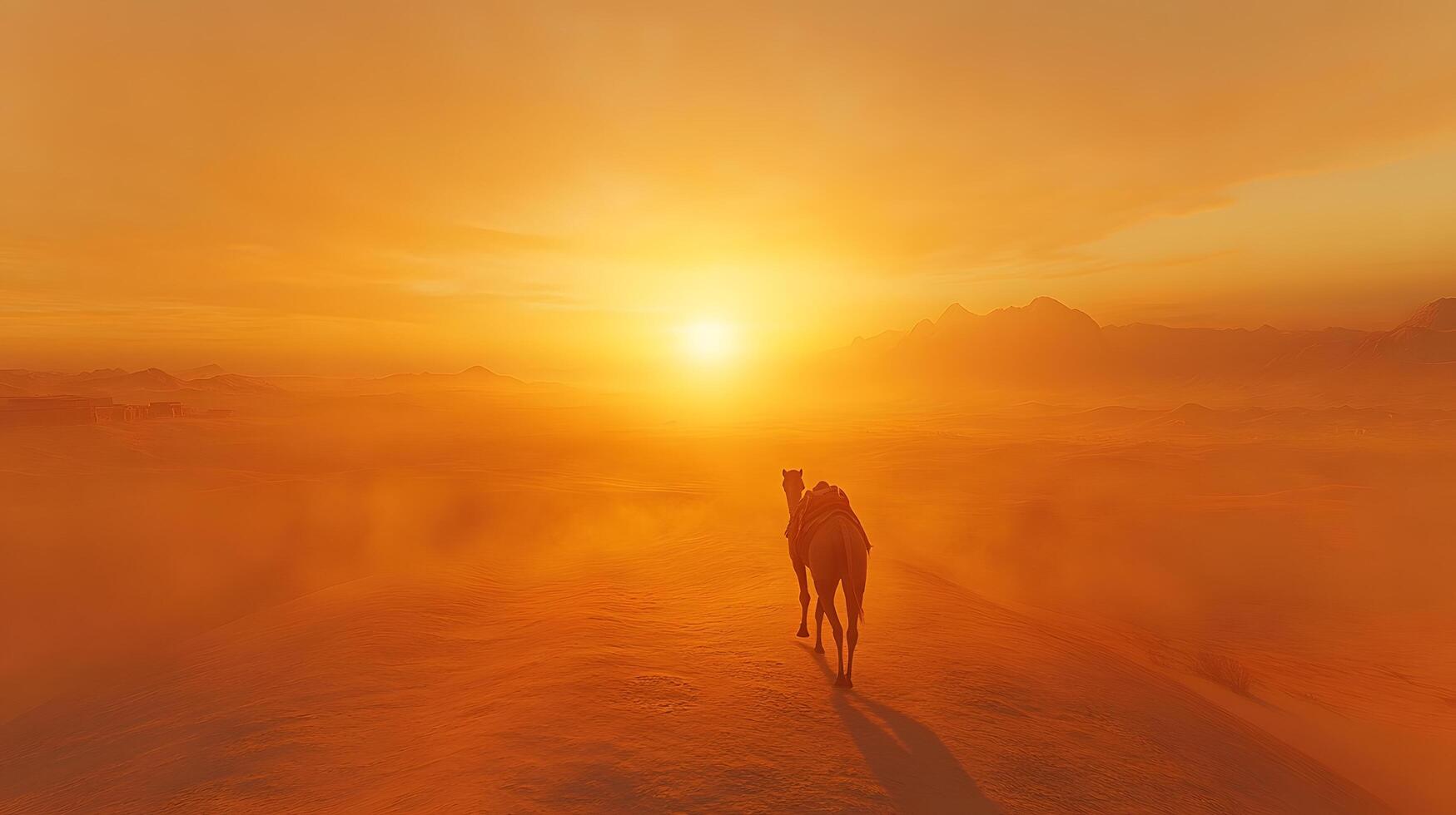 Lone camel traverses vast desert dunes during golden sunset, with windswept sand creating dramatic Sahara landscape. Warm orange tones fill dusty atmosphere while silhouetted mountains solitary photo