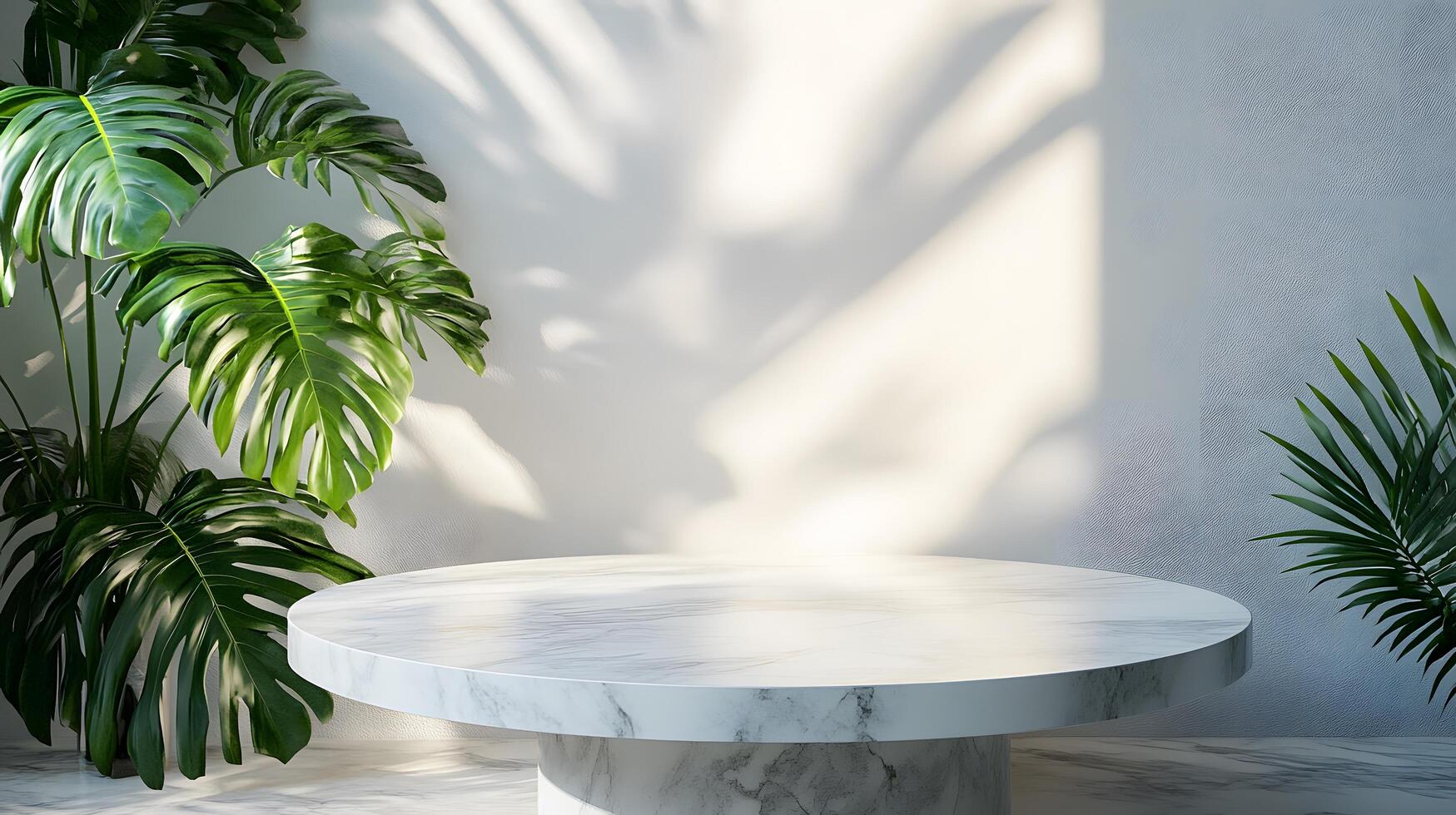 White round marble table features monstera deliciata plant leaves against white wall background. Soft natural lighting casts shadows, creating clean aesthetic in vertical composition. round photo