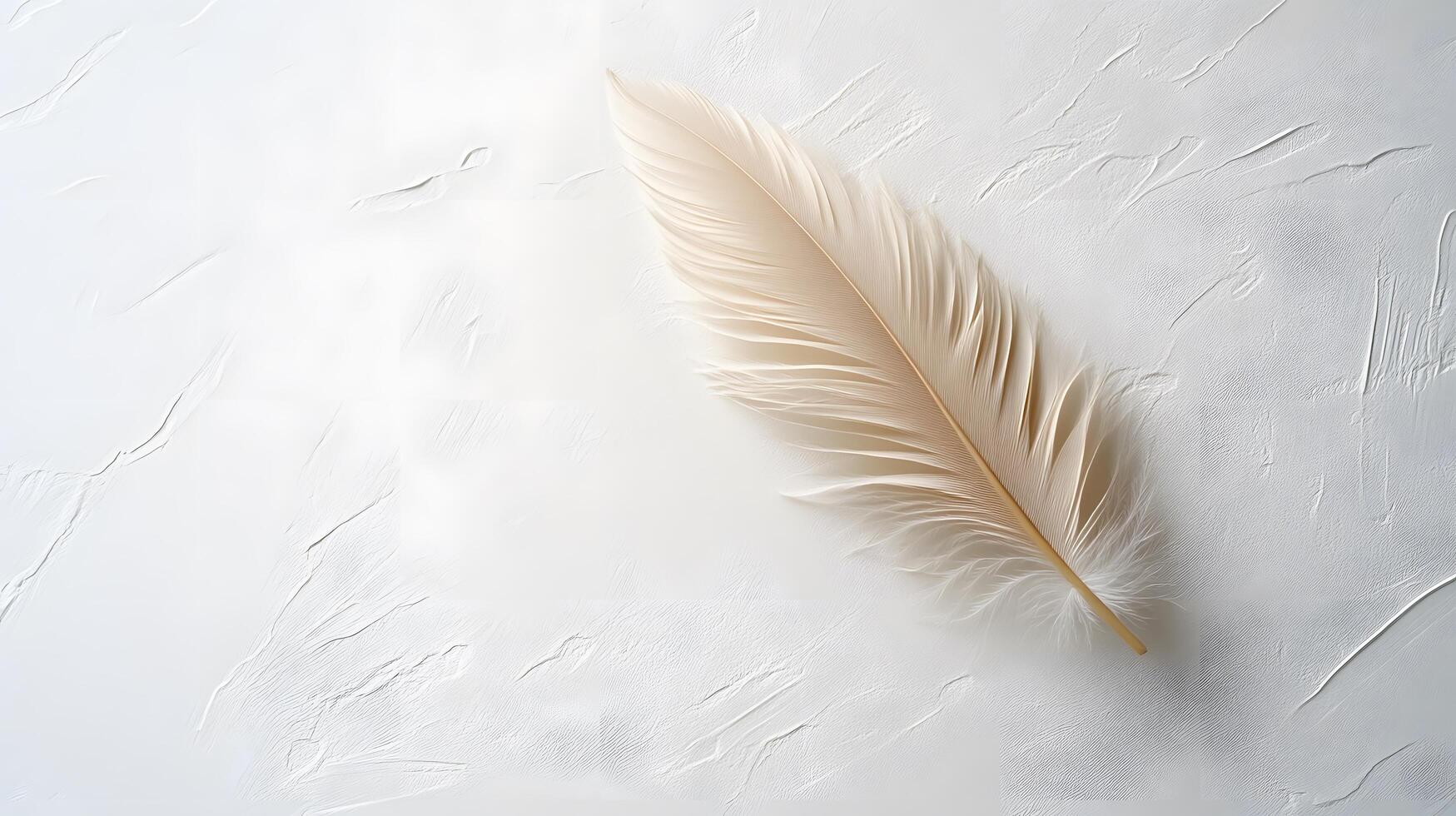 Single beige feather rests on pure white textured background in right-aligned position. Soft natural lighting emphasizes delicate details in clean minimalist composition. polished photo