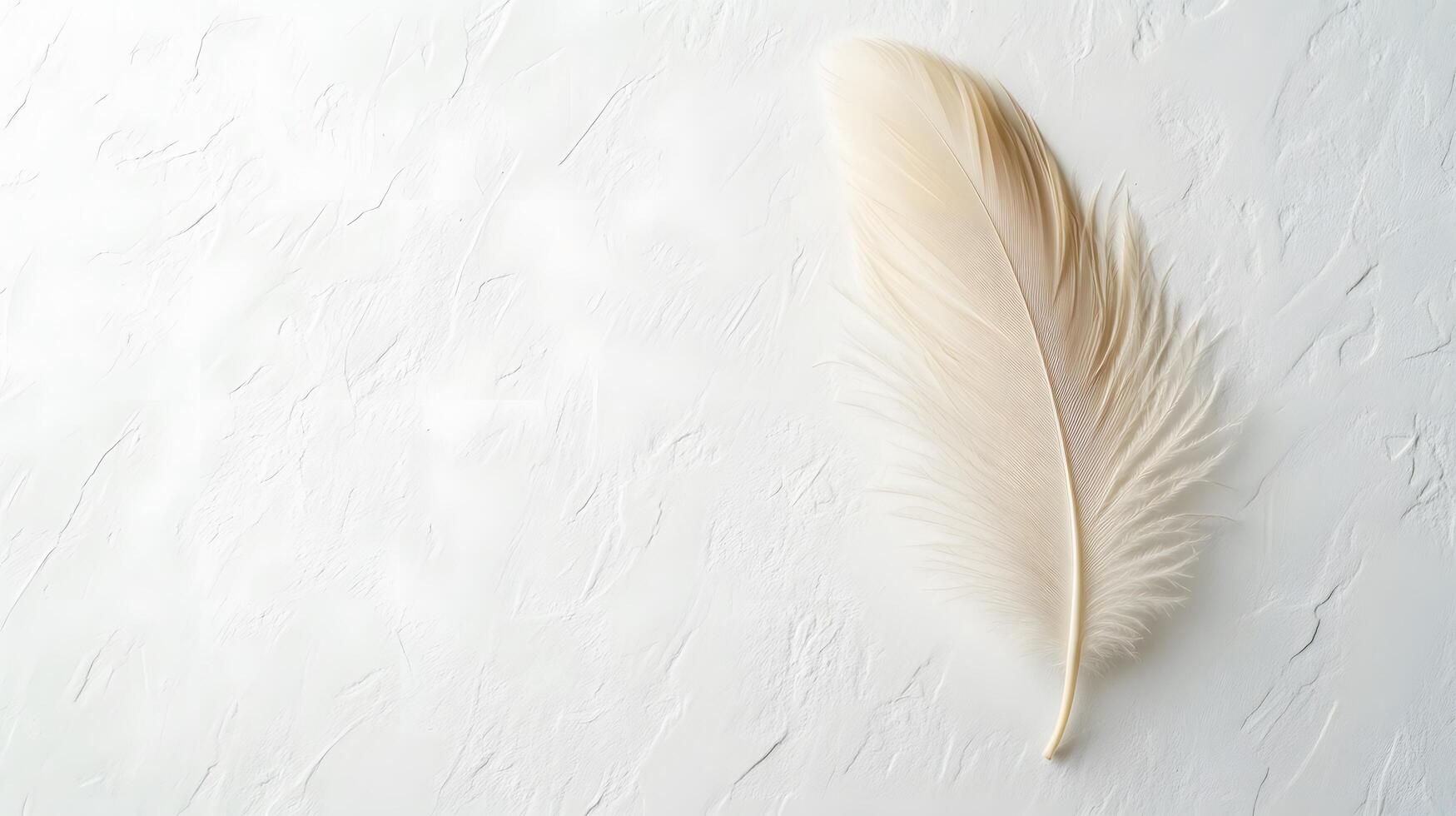 Single beige feather rests on pure white textured background in right-aligned position. Soft natural lighting emphasizes delicate details in clean minimalist composition. beige photo