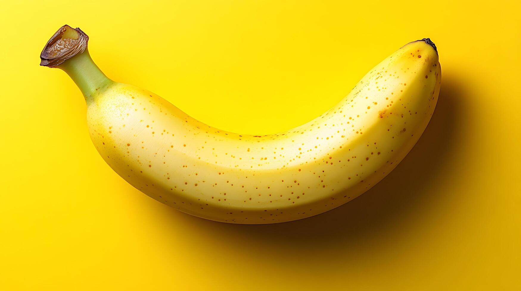 Single fresh banana positioned on yellow background creates vibrant monochromatic color scheme. Clean commercial food photography showcases minimalist composition in studio lighting. golden photo