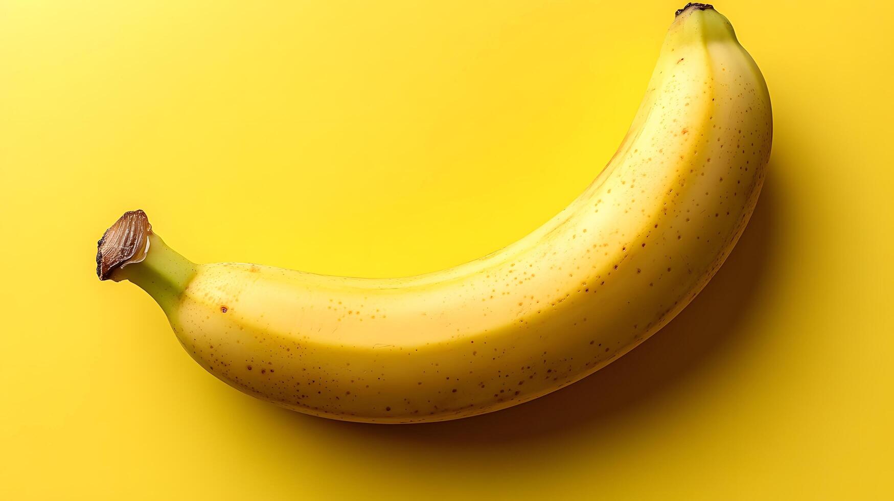 Single fresh banana positioned on yellow background creates vibrant monochromatic color scheme. Clean commercial food photography showcases minimalist composition in studio lighting. vibrant photo