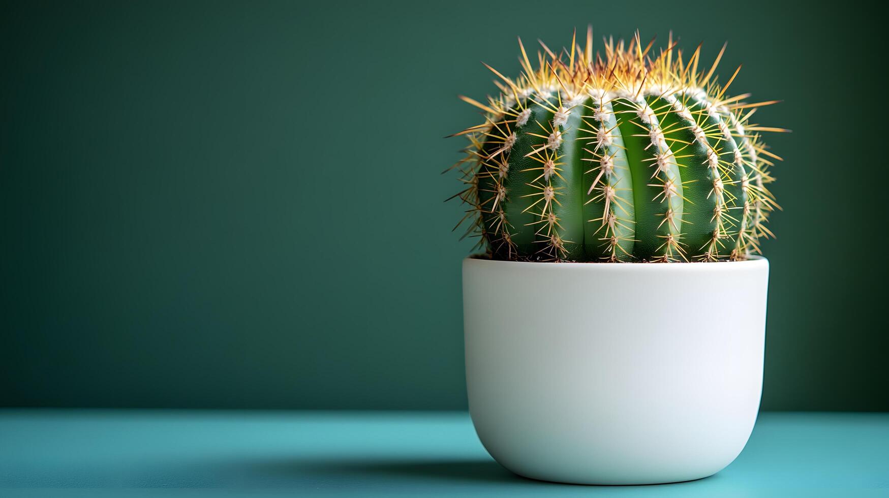 Small barrel cactus sits in white minimalist pot against soft mint green background. Right-aligned composition highlights sharp spines detail with gentle gradient lighting. cactus photo
