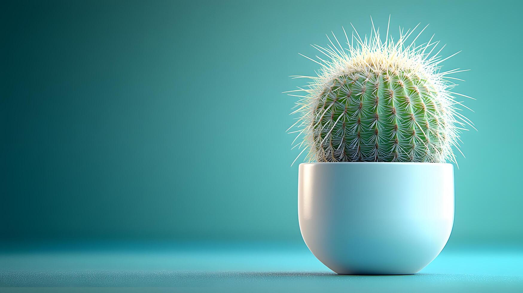 Small barrel cactus sits in white minimalist pot against soft mint green background. Right-aligned composition highlights sharp spines detail with gentle gradient lighting. background photo