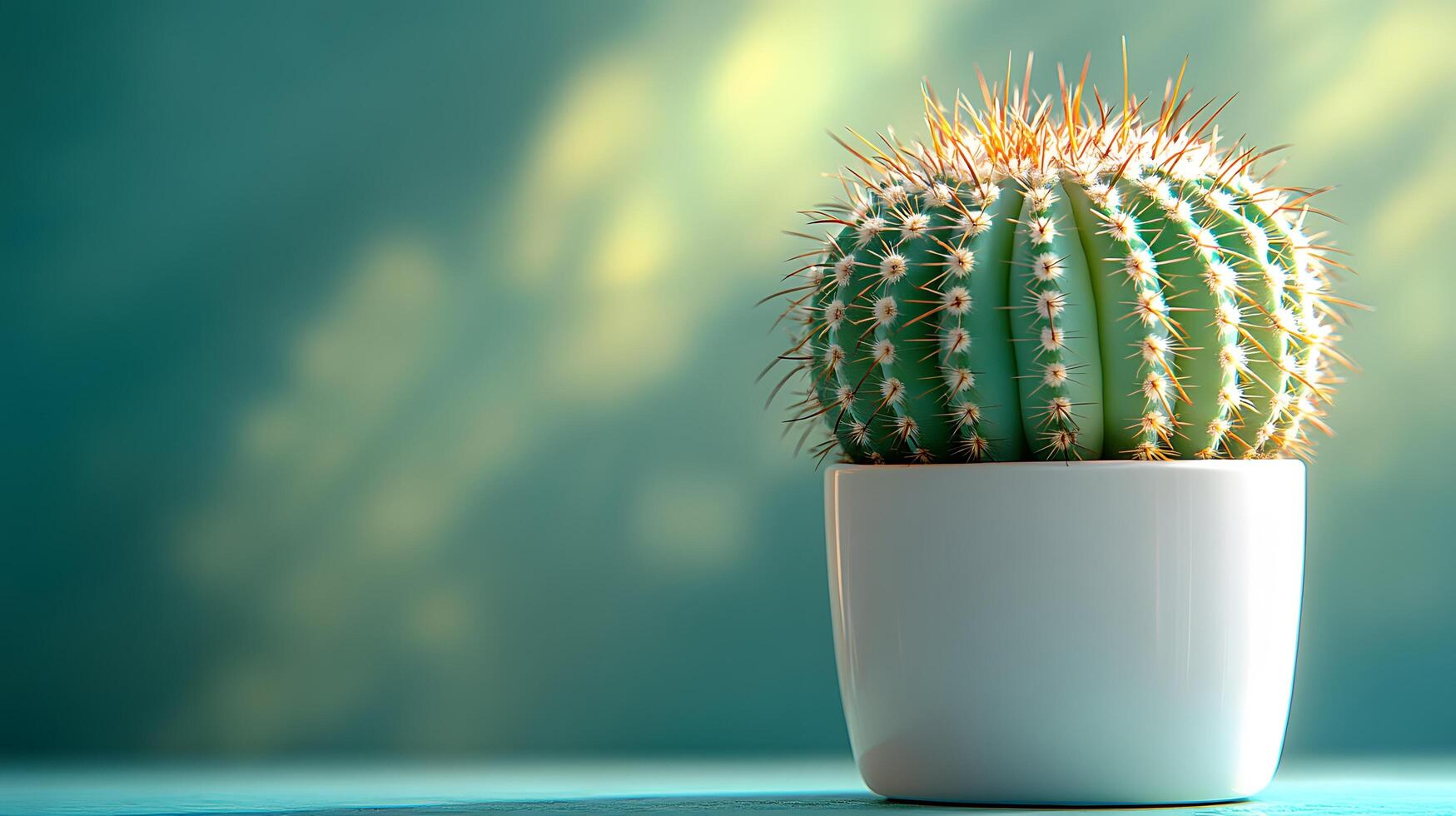 Small barrel cactus sits in white minimalist pot against soft mint green background. Right-aligned composition highlights sharp spines detail with gentle gradient lighting. pot photo
