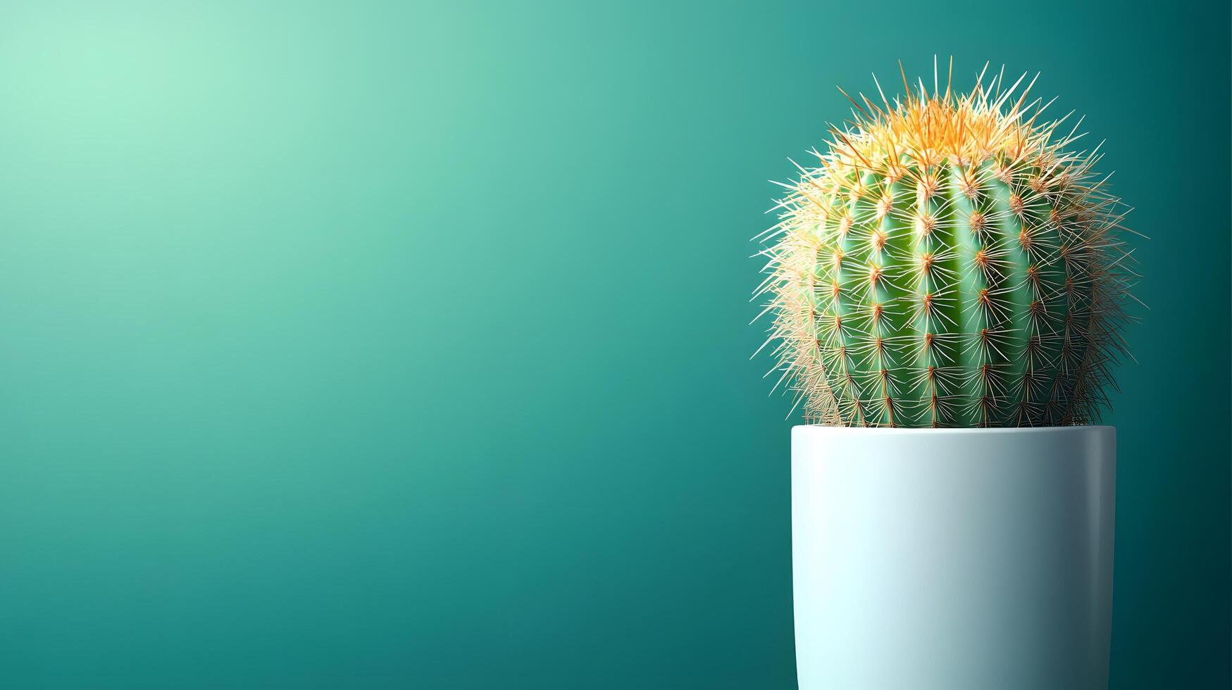 Small barrel cactus sits in white minimalist pot against soft mint green background. Right-aligned composition highlights sharp spines detail with gentle gradient lighting. spines photo