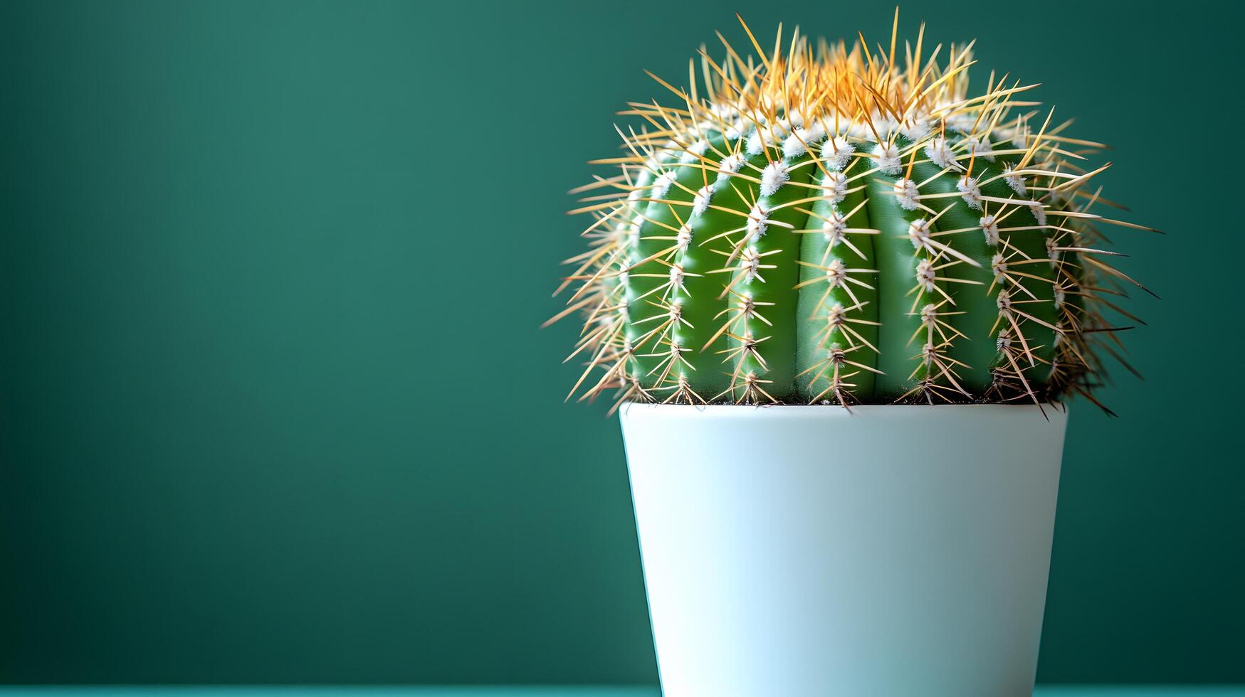 Small barrel cactus sits in white minimalist pot against soft mint green background. Right-aligned composition highlights sharp spines detail with gentle gradient lighting. gradient photo