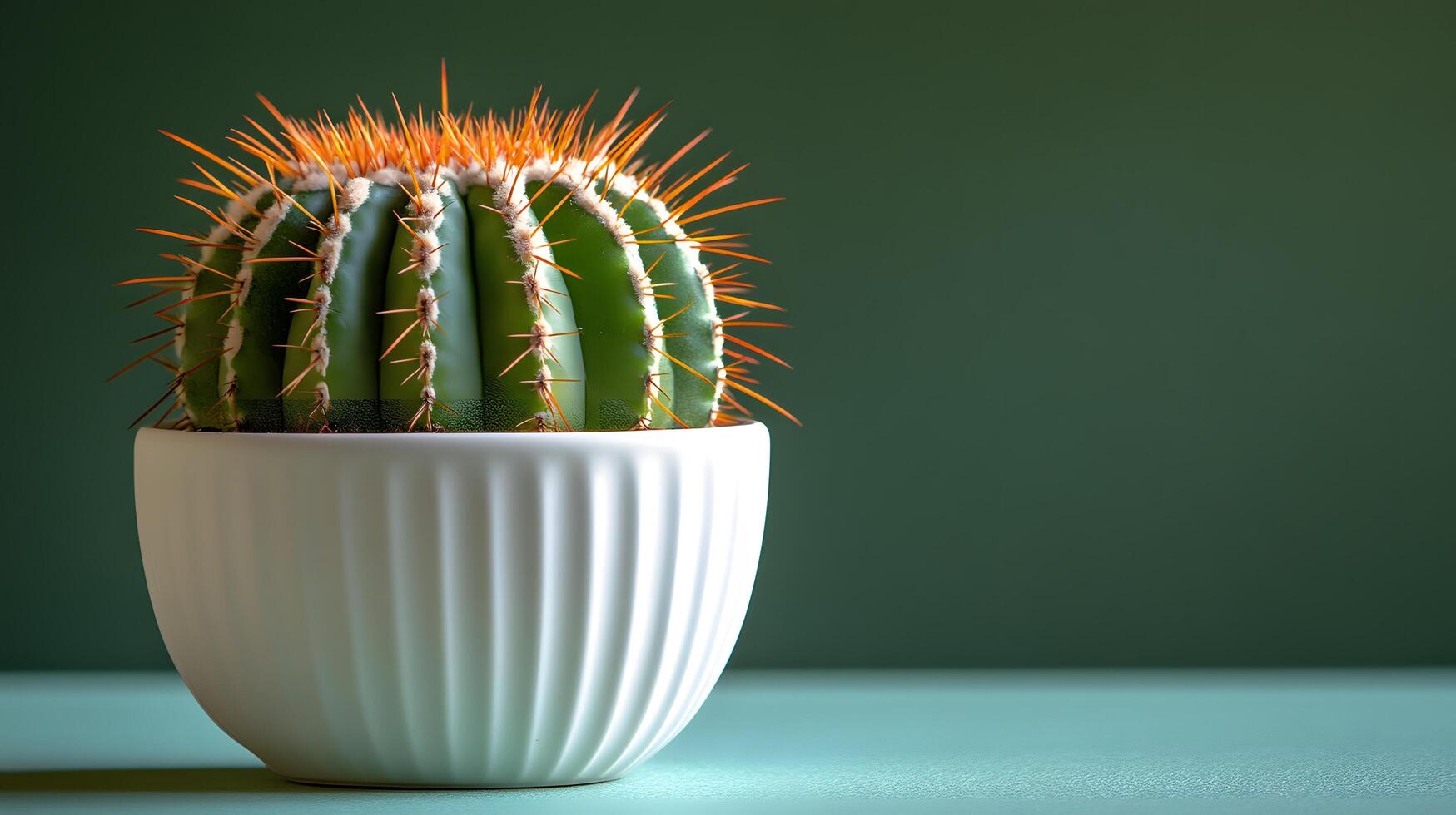 Small barrel cactus sits in white minimalist pot against soft mint green background. Right-aligned composition highlights sharp spines detail with gentle gradient lighting. botanical photo