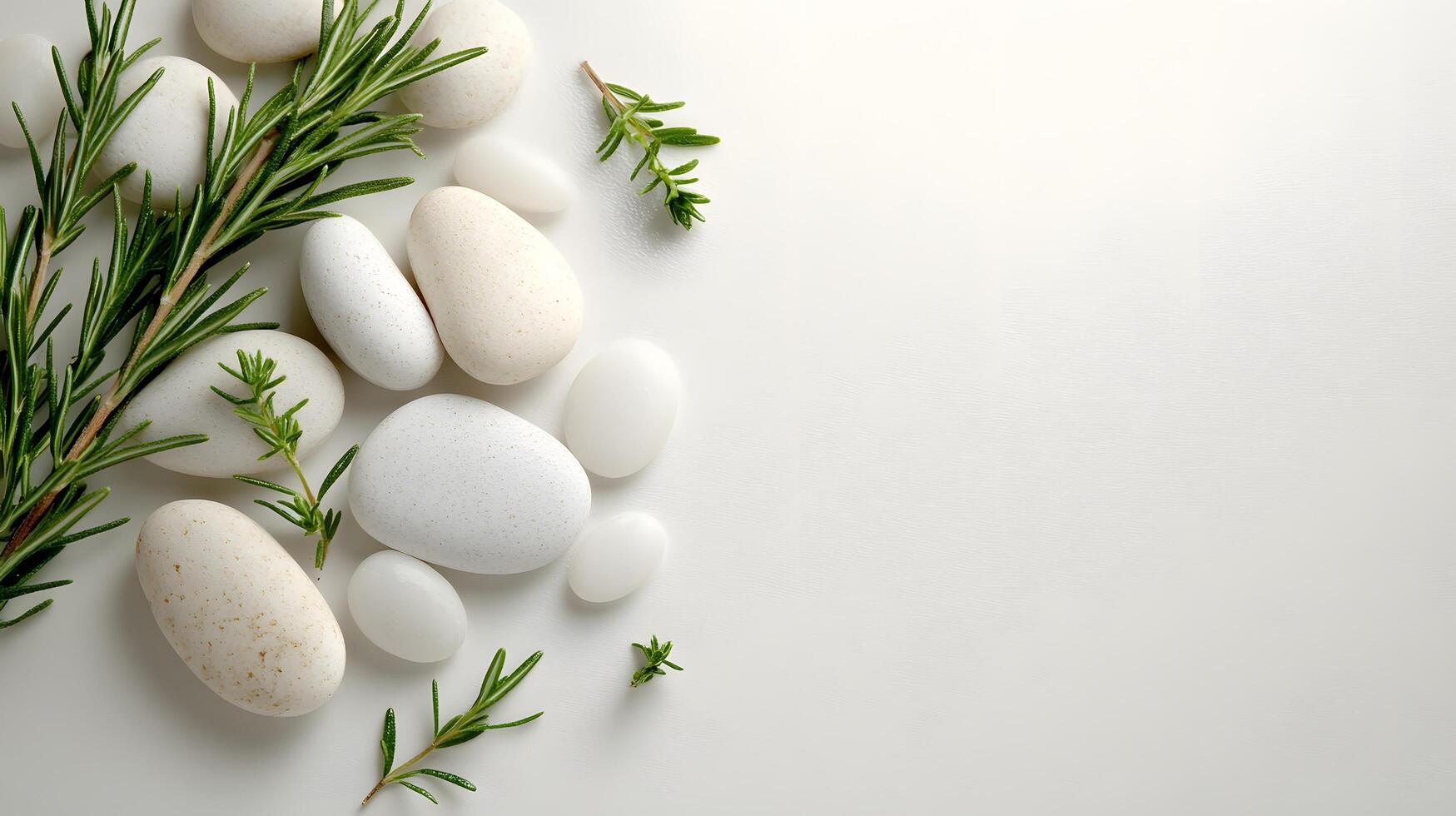 Smooth white pebbles and green rosemary sprigs arranged on left side against pure white background. Minimalist zen composition features soft directional lighting for tranquil scene. arranged photo