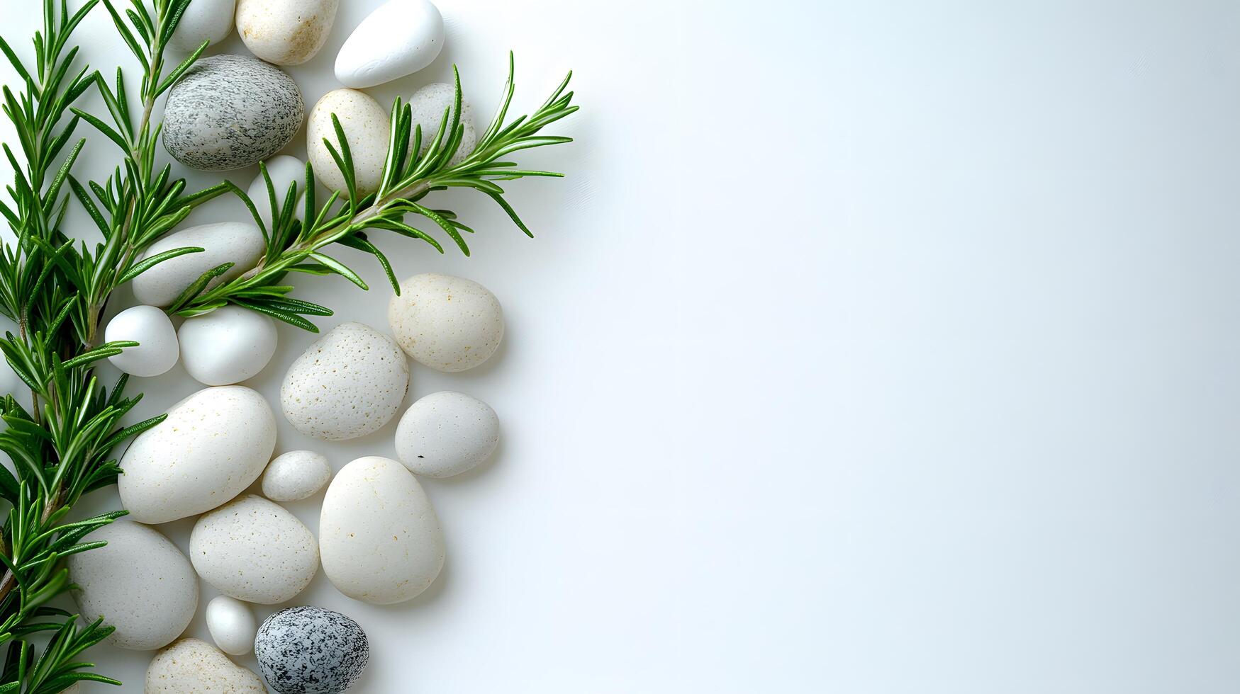 Smooth white pebbles and green rosemary sprigs arranged on left side against pure white background. Minimalist zen composition features soft directional lighting for tranquil scene. white photo