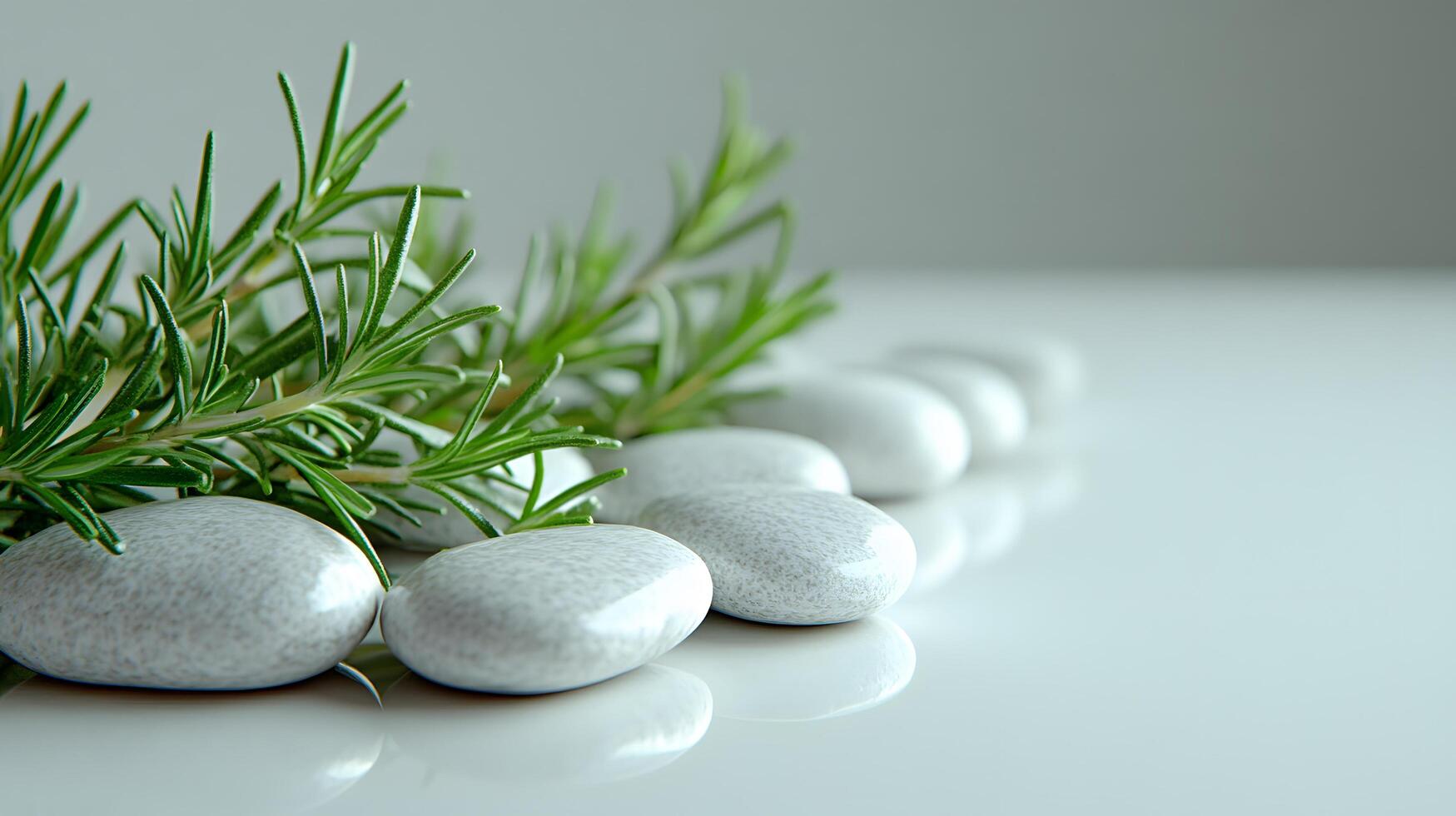 Smooth white pebbles and green rosemary sprigs arranged on left side against pure white background. Minimalist zen composition features soft directional lighting for tranquil scene. natural photo