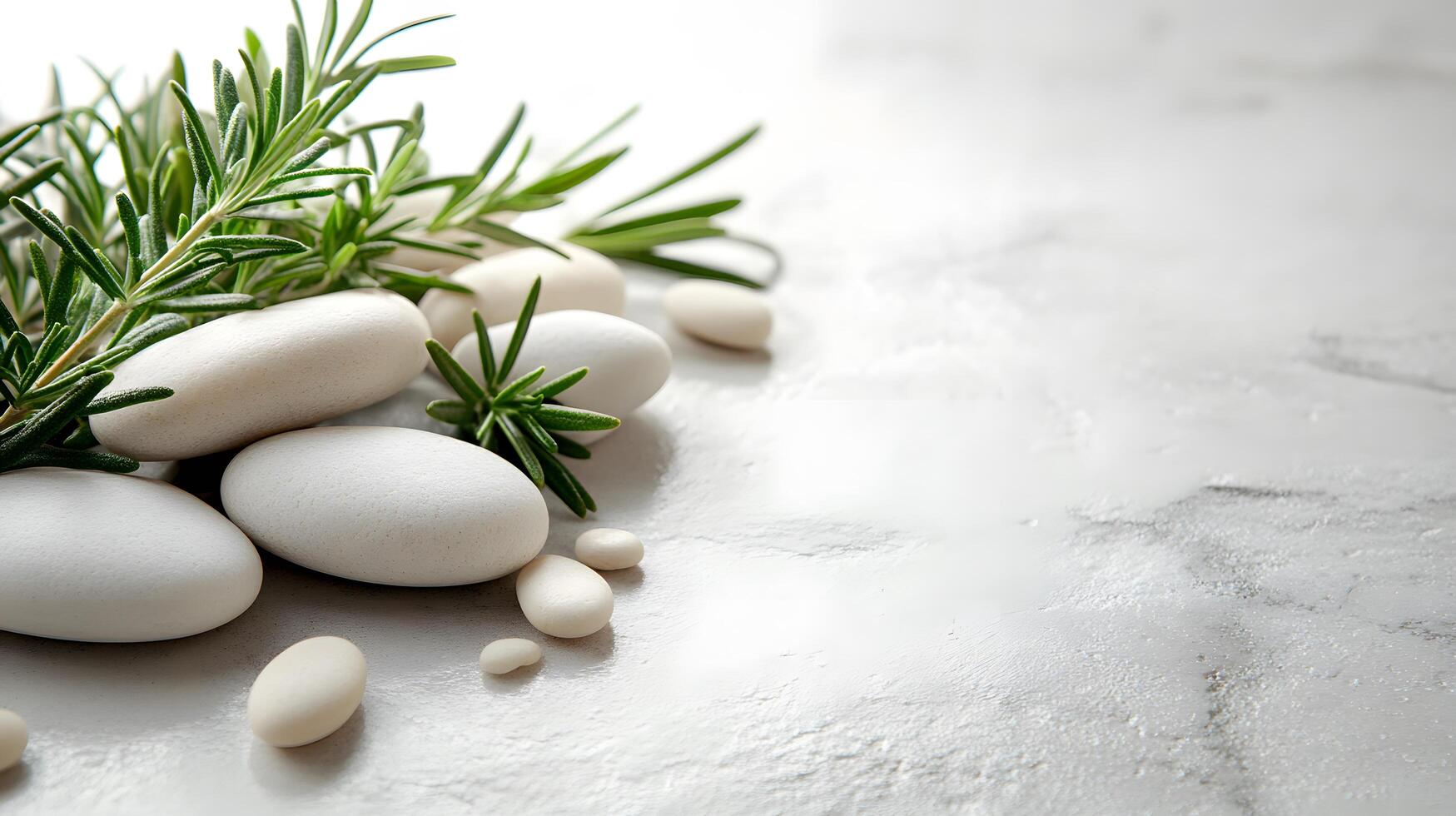 Smooth white pebbles and green rosemary sprigs arranged on left side against pure white background. Minimalist zen composition features soft directional lighting for tranquil scene. immaculate photo