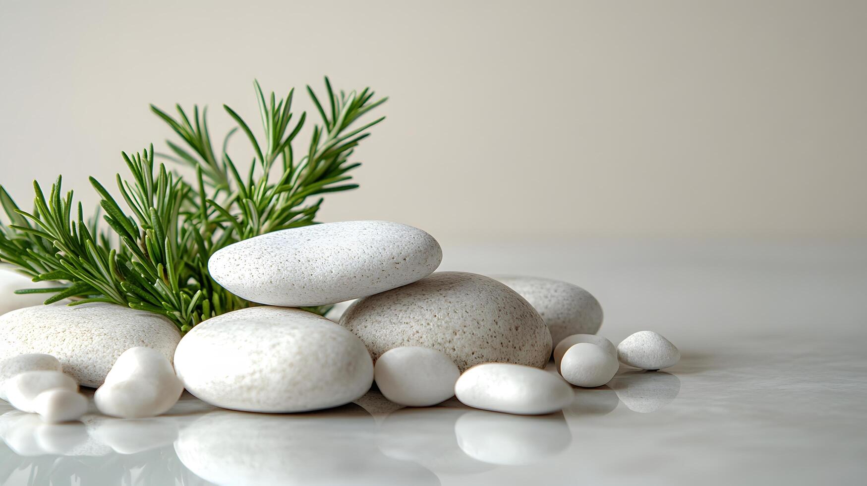 Smooth white pebbles and green rosemary sprigs arranged on left side against pure white background. Minimalist zen composition features soft directional lighting for tranquil scene. sleek photo