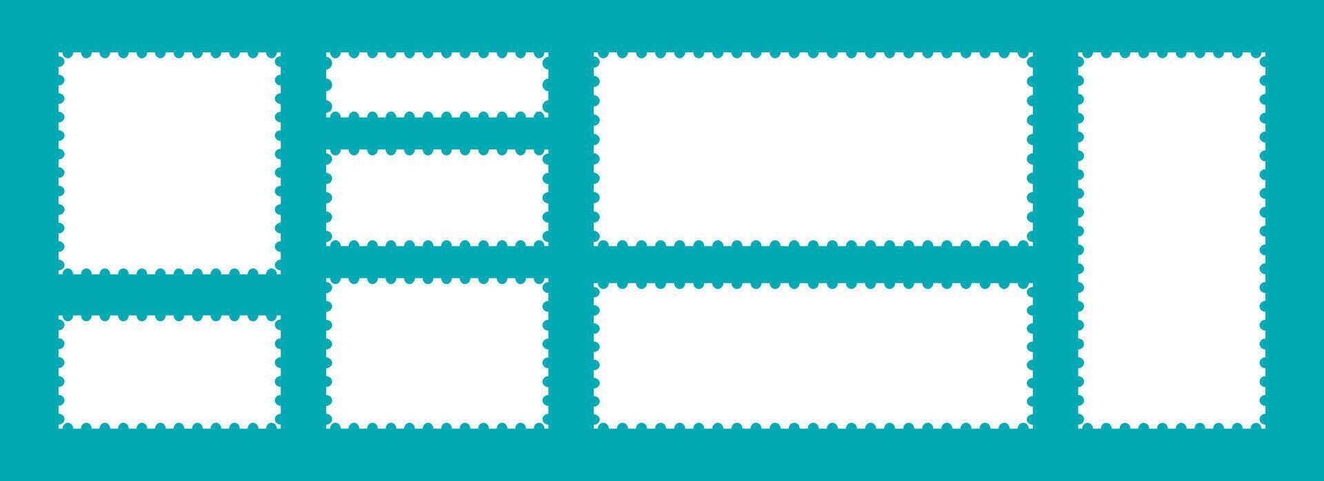 White postage stamps set. Post stamp frames and borders. Rectangle and square template for mail, postcard, letter, note. Jagged wavy edge forms. Zigzag objects for badge, sticker, photo, frame vector