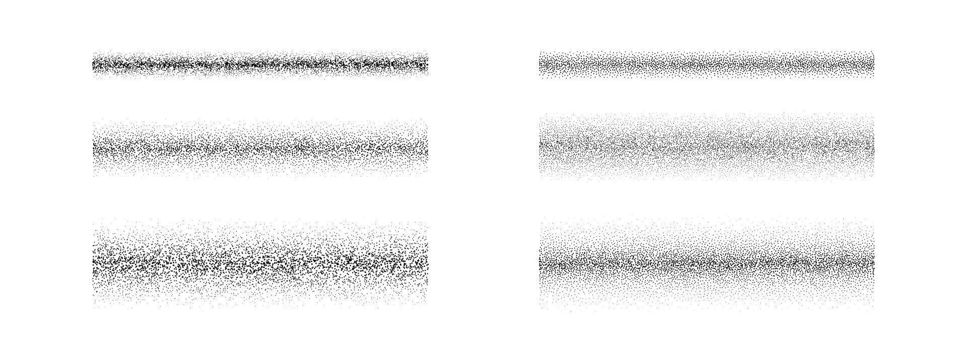 Black dotted gradient texture set. Stippled grain brush element collection. Fading scatter noise pattern pack. Spray dot line stroke background. Rectangle grainy sand bundle. vector