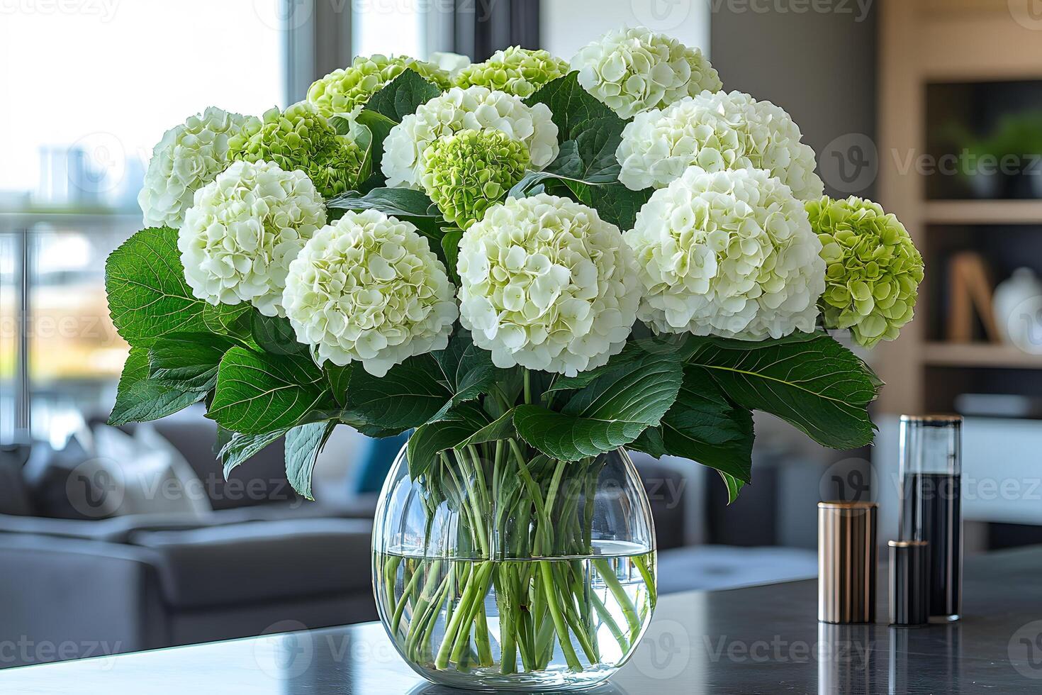 Elegant White Hydrangea Bouquet in Glass Vase for Modern Home Decor photo