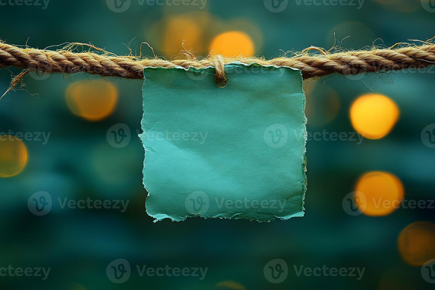 Blank Paper on Rope with Bokeh Lights Background for Creative Design photo
