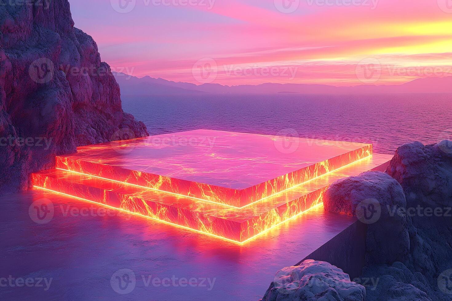 Futuristic Sci-Fi Landscape with Glowing Platform at Sunset Ocean View photo