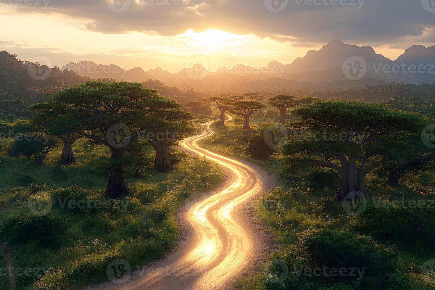 Serene Sunset Over Winding Path Through Baobab Forest with Mountain View photo