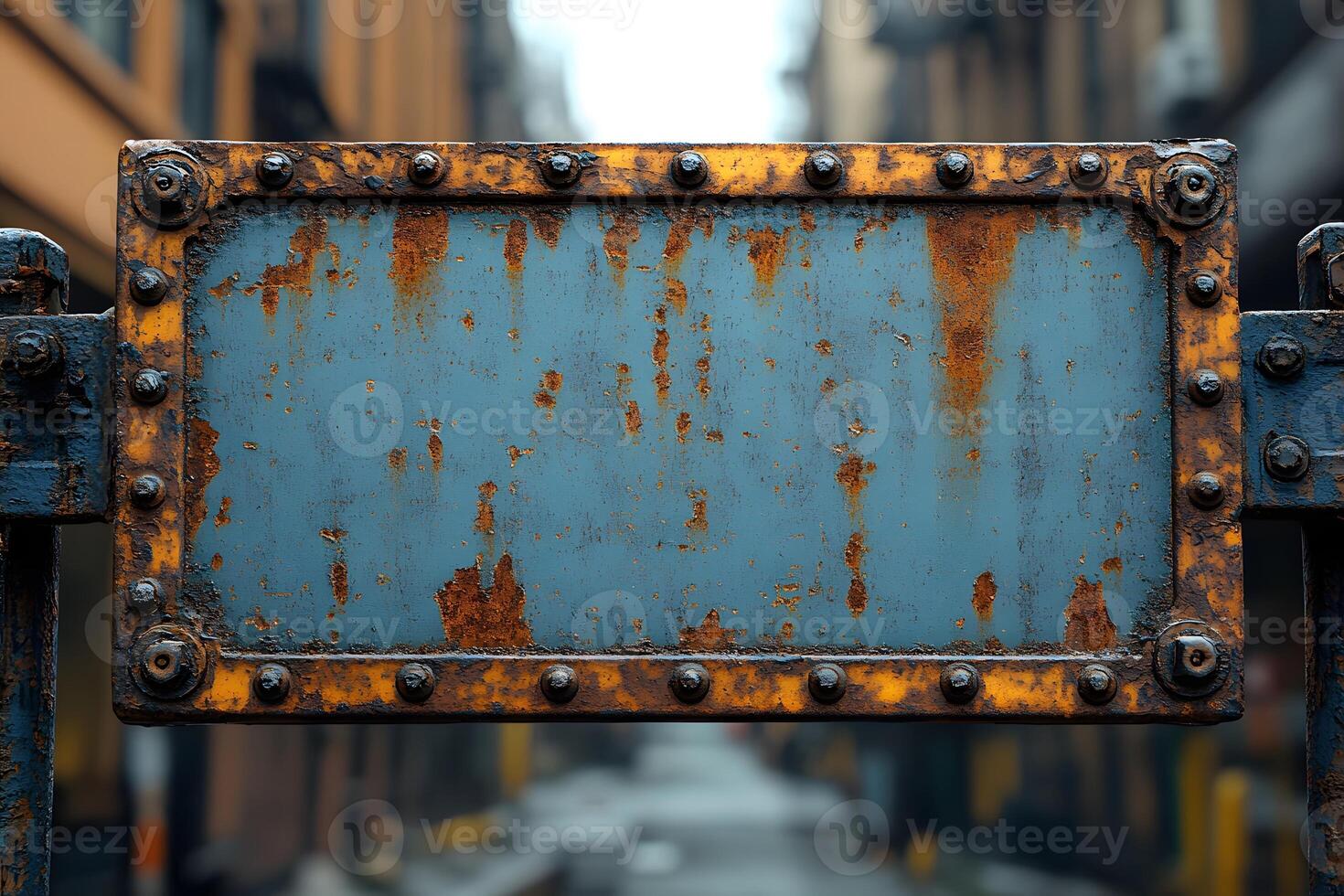 Rustic Metal Sign in Urban Setting for Vintage Design and Industrial Decor photo