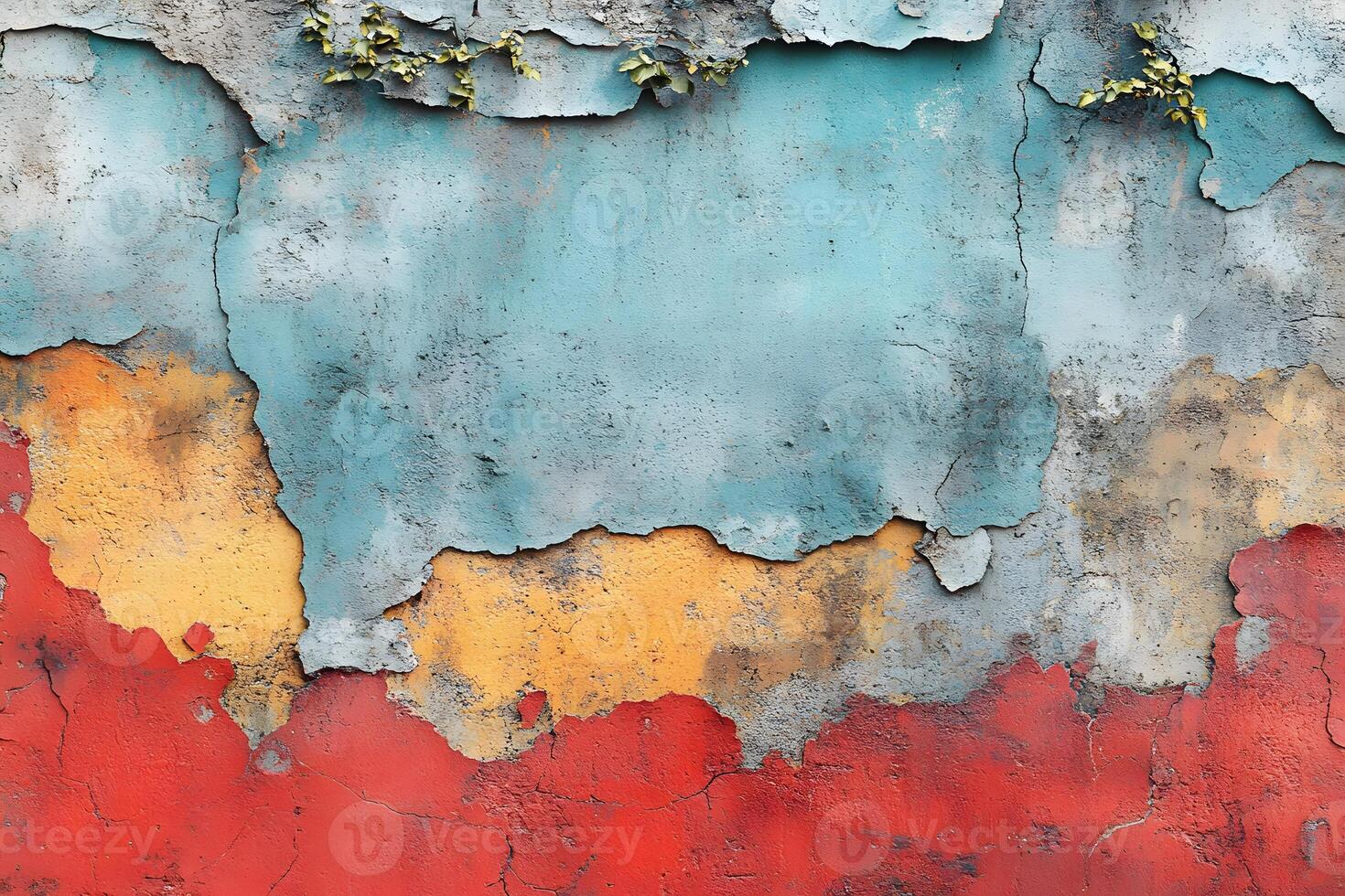 Vibrant Weathered Wall Texture with Colorful Peeling Paint and Green Foliage photo