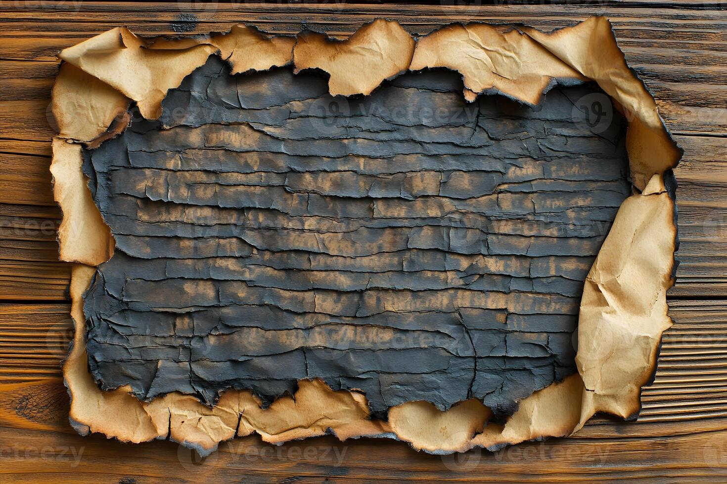 Vintage Burnt Paper on Wooden Table Surface for Rustic Design and Background Concepts photo
