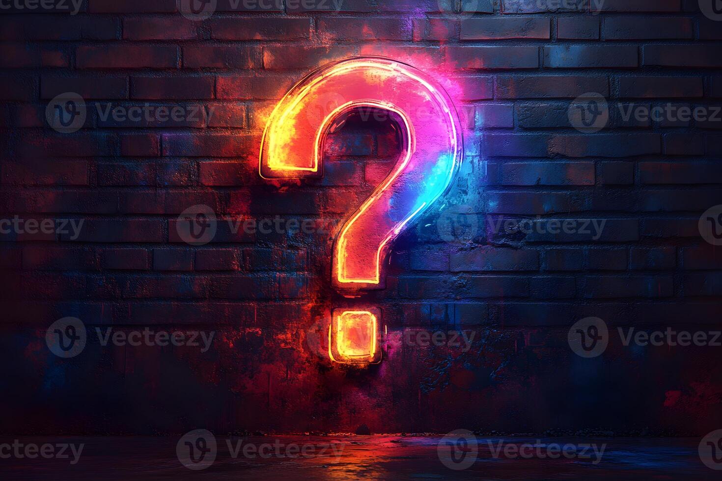 Neon Question Mark on Dark Brick Wall for Modern Design and Innovation Themes photo