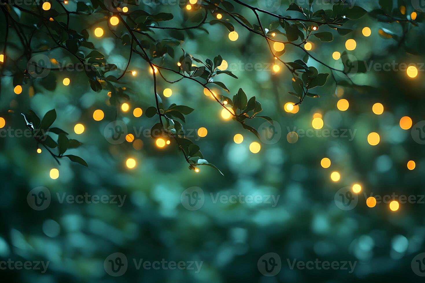 Enchanting String Lights Amidst Lush Green Foliage at Dusk for Event Decor photo