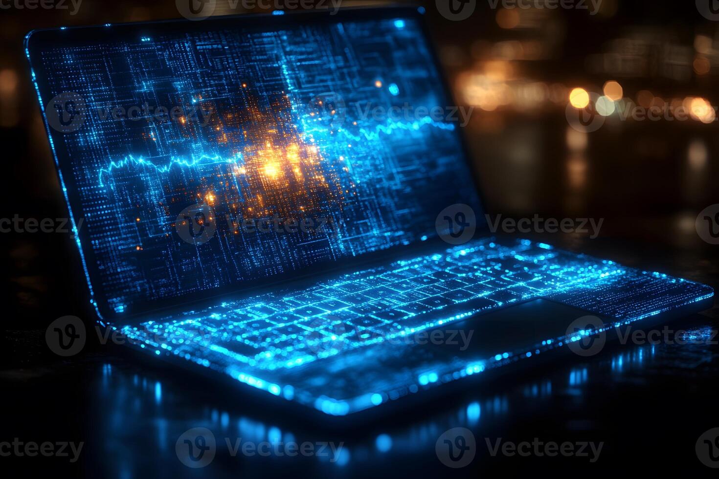 Futuristic Digital Technology Concept High-Tech Laptop with Virtual Interface Glow photo