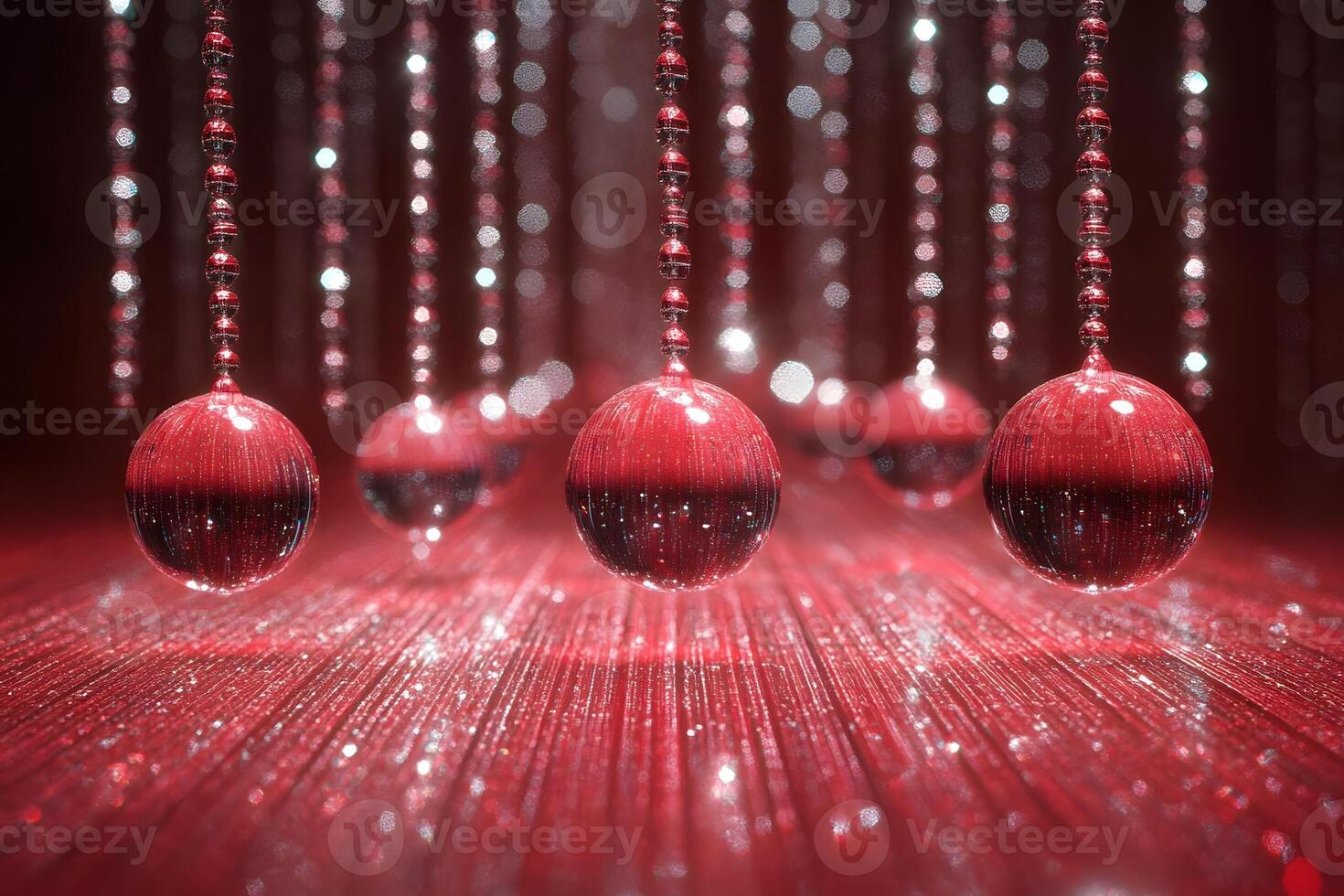 Festive Red Baubles with Shimmering String Lights for Christmas Decoration and Design photo