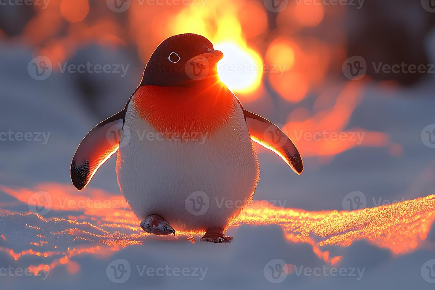 Penguin Silhouette Against Fiery Sunset in Snowy Landscape - Nature and Wildlife Concept photo