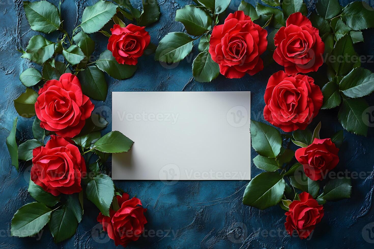 Romantic Floral Frame with Red Roses and Blank Card for Valentine's Day or Wedding Design, Generative photo