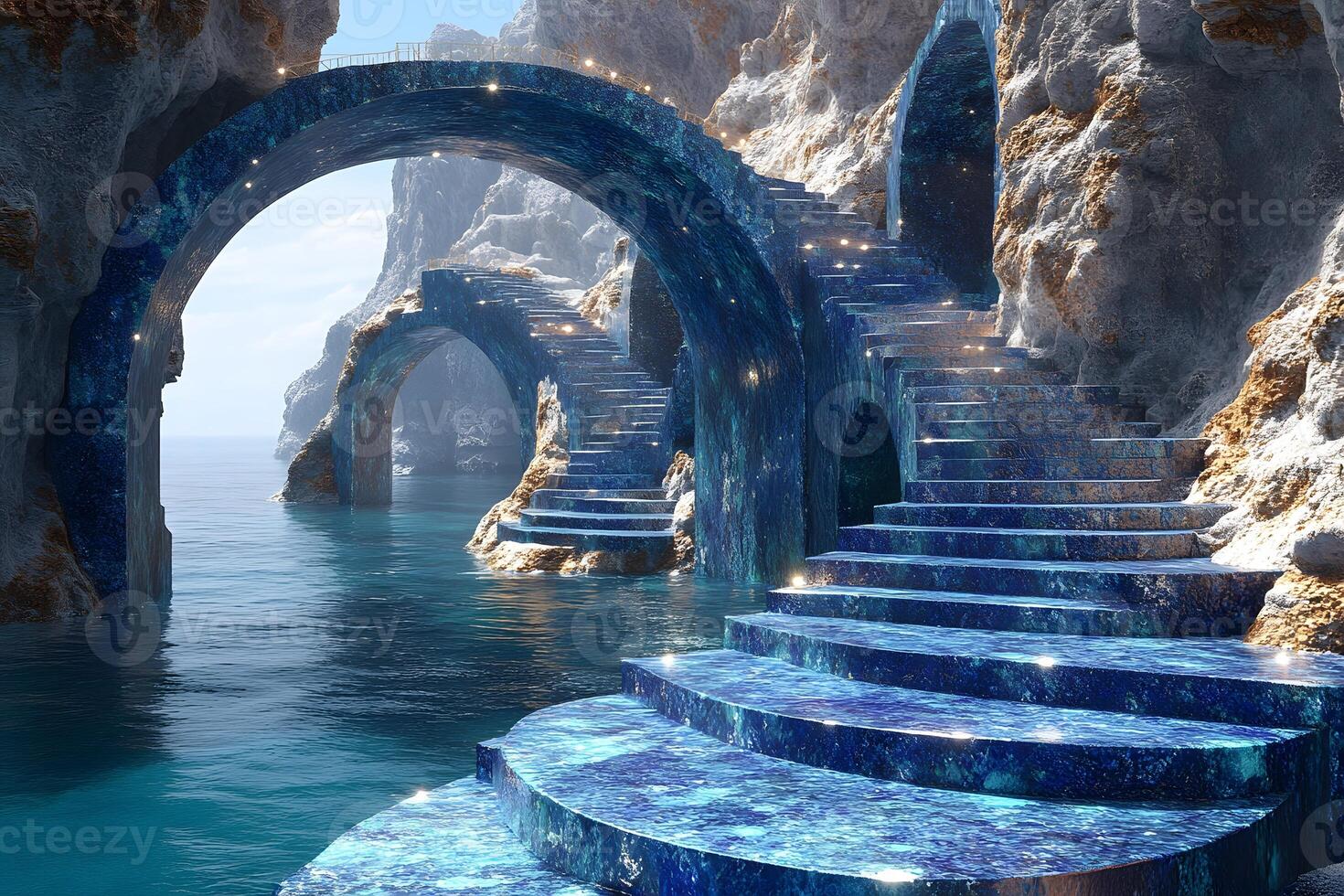 Mystical Oceanic Grotto with Majestic Stone Arches and Spiral Stairs Design for Artistic Inspiration, Generative photo