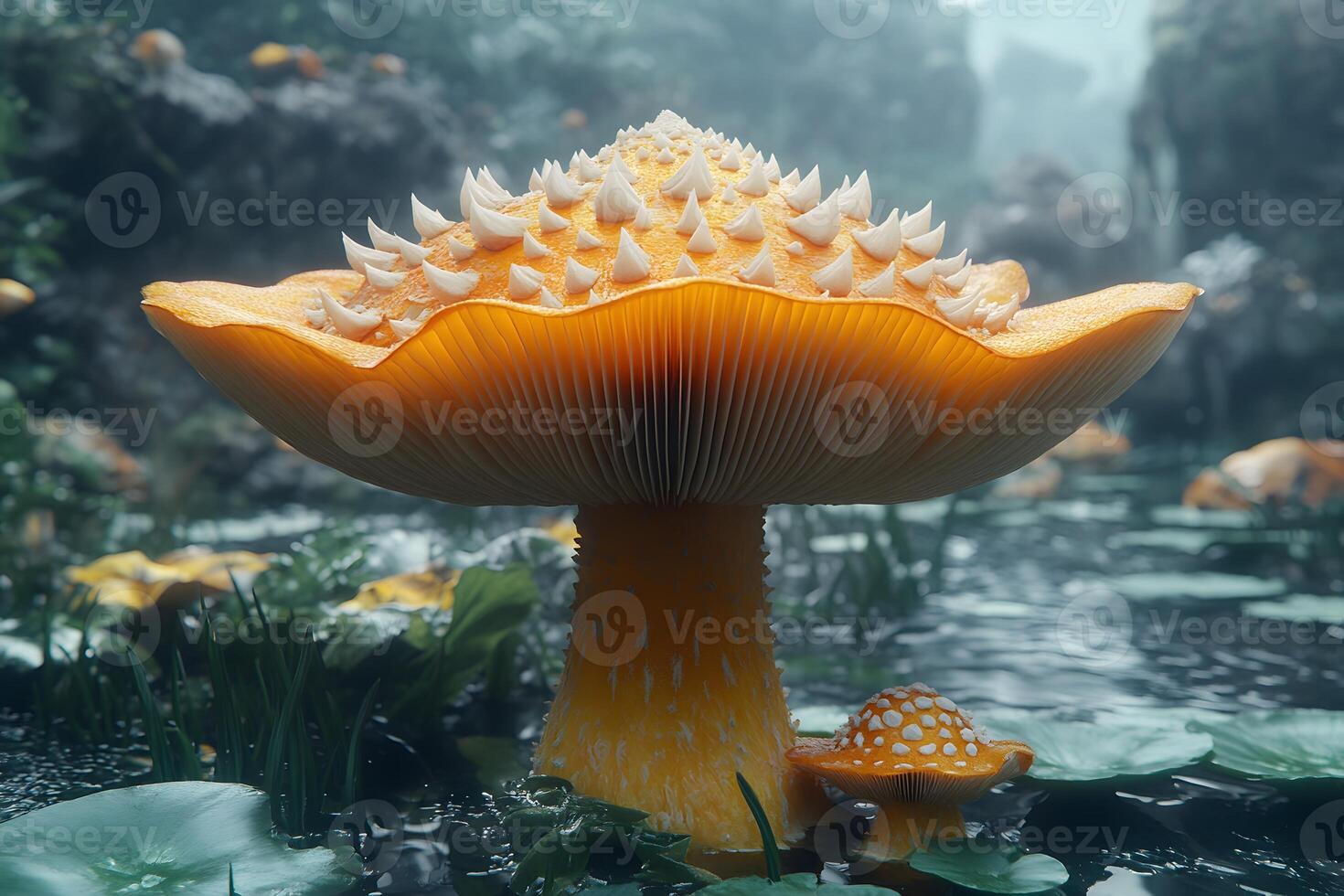 Enchanted Forest Scene with Vibrant Orange Mushrooms in Mystical Atmosphere, Generative photo