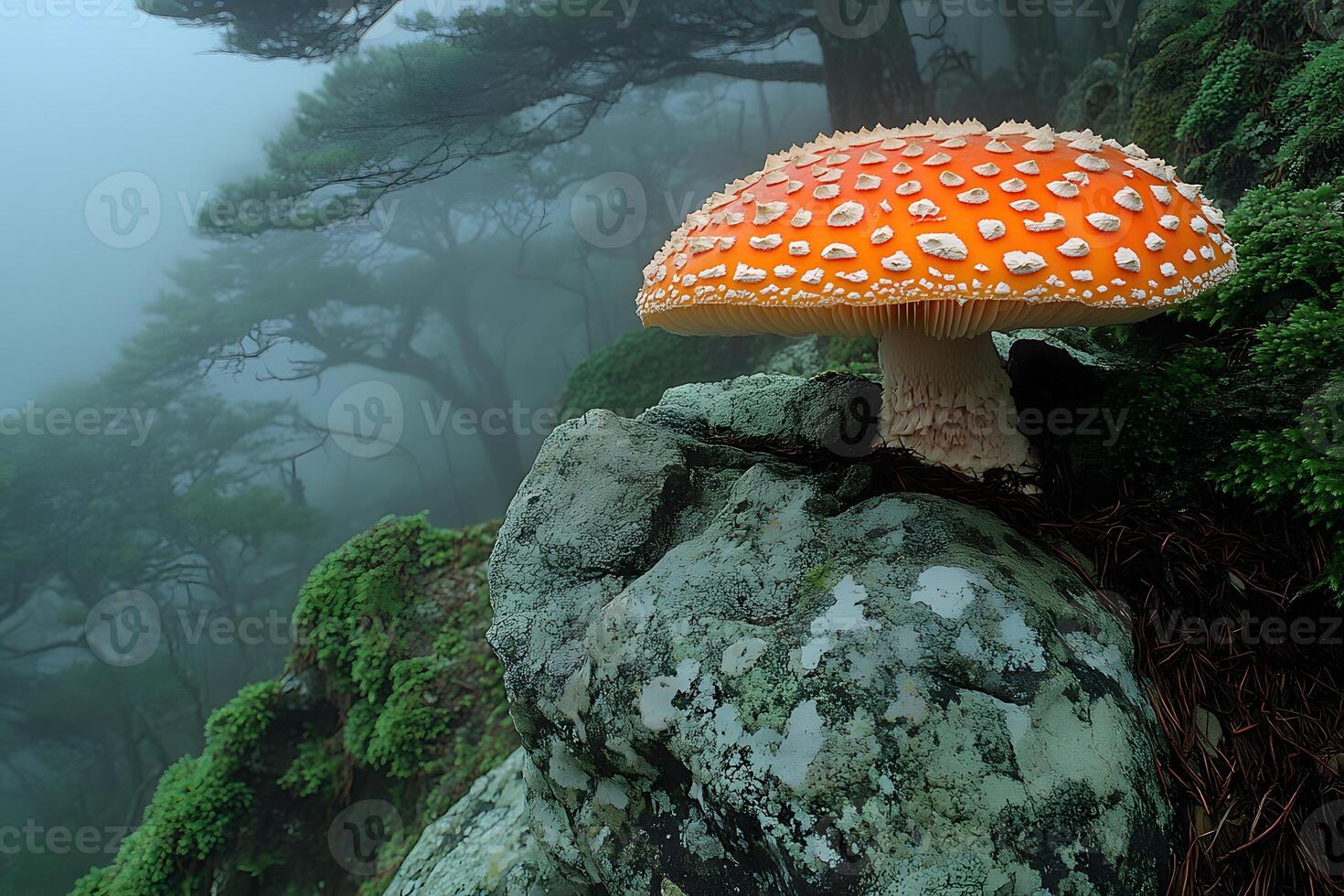 Mystical Forest Scene with Fly Agaric Mushroom on Moss-Covered Rock in Foggy Atmosphere, Generative photo