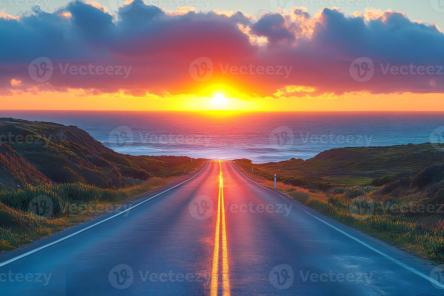 Sunset Over Coastal Highway Tranquil Ocean Horizon and Scenic Roadway Exploration, Generative photo