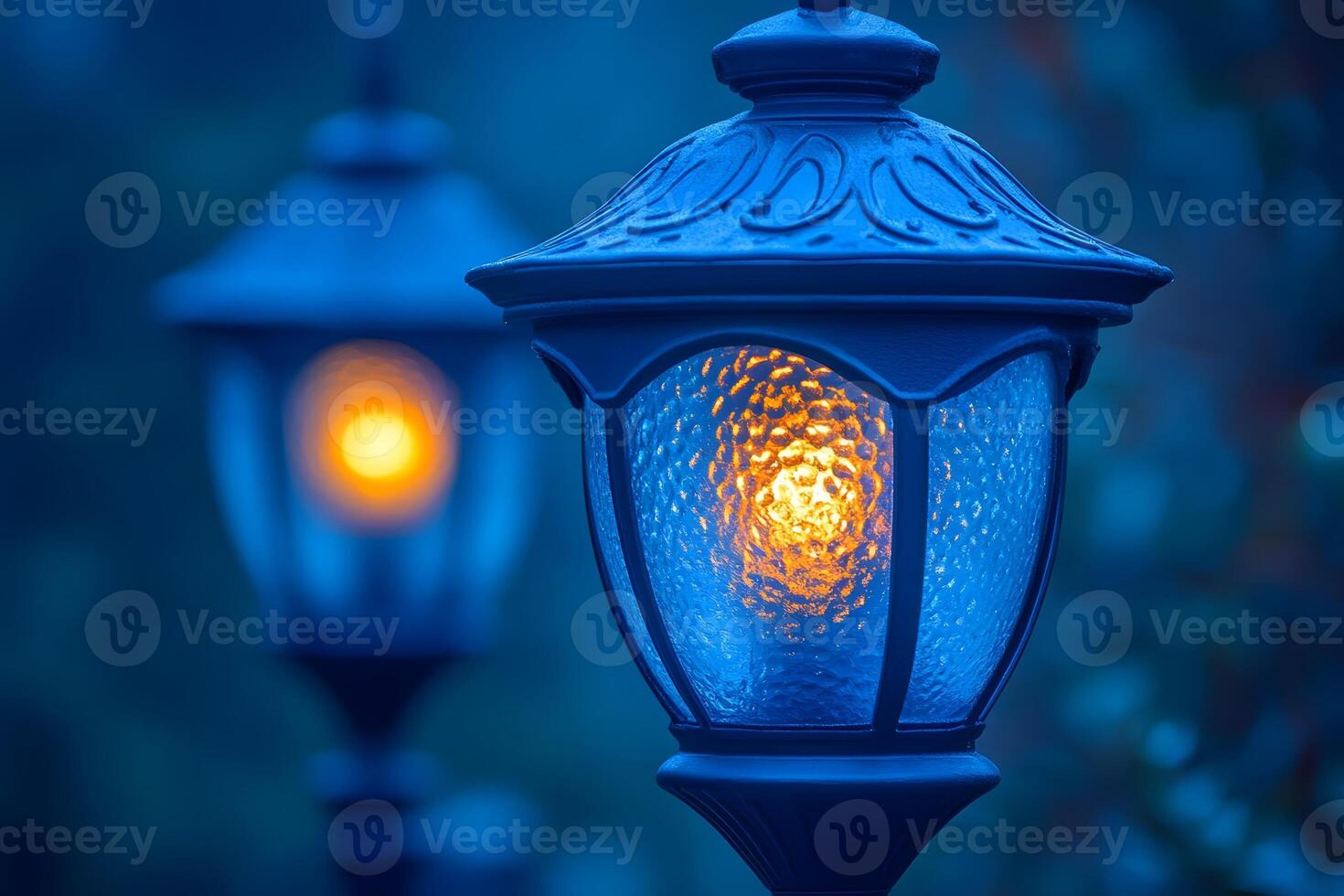 Vintage Lanterns Illuminating a Mystical Evening with Soft Amber Glow, Generative photo