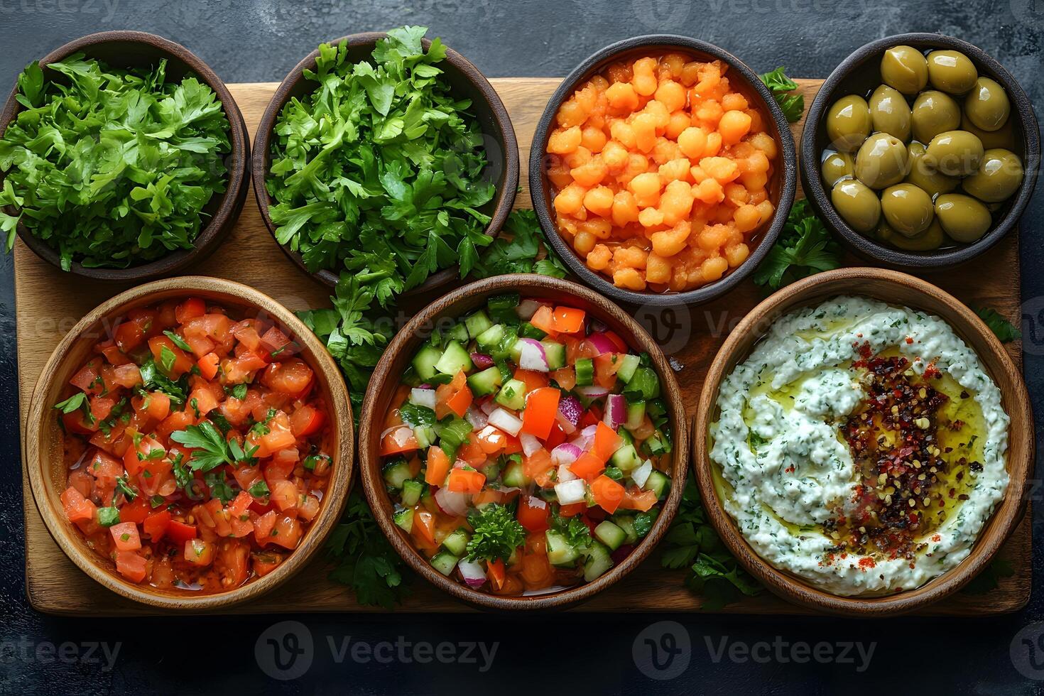 Vibrant Mediterranean Appetizer Platter with Fresh Salads and Dips for Culinary Design, Generative photo