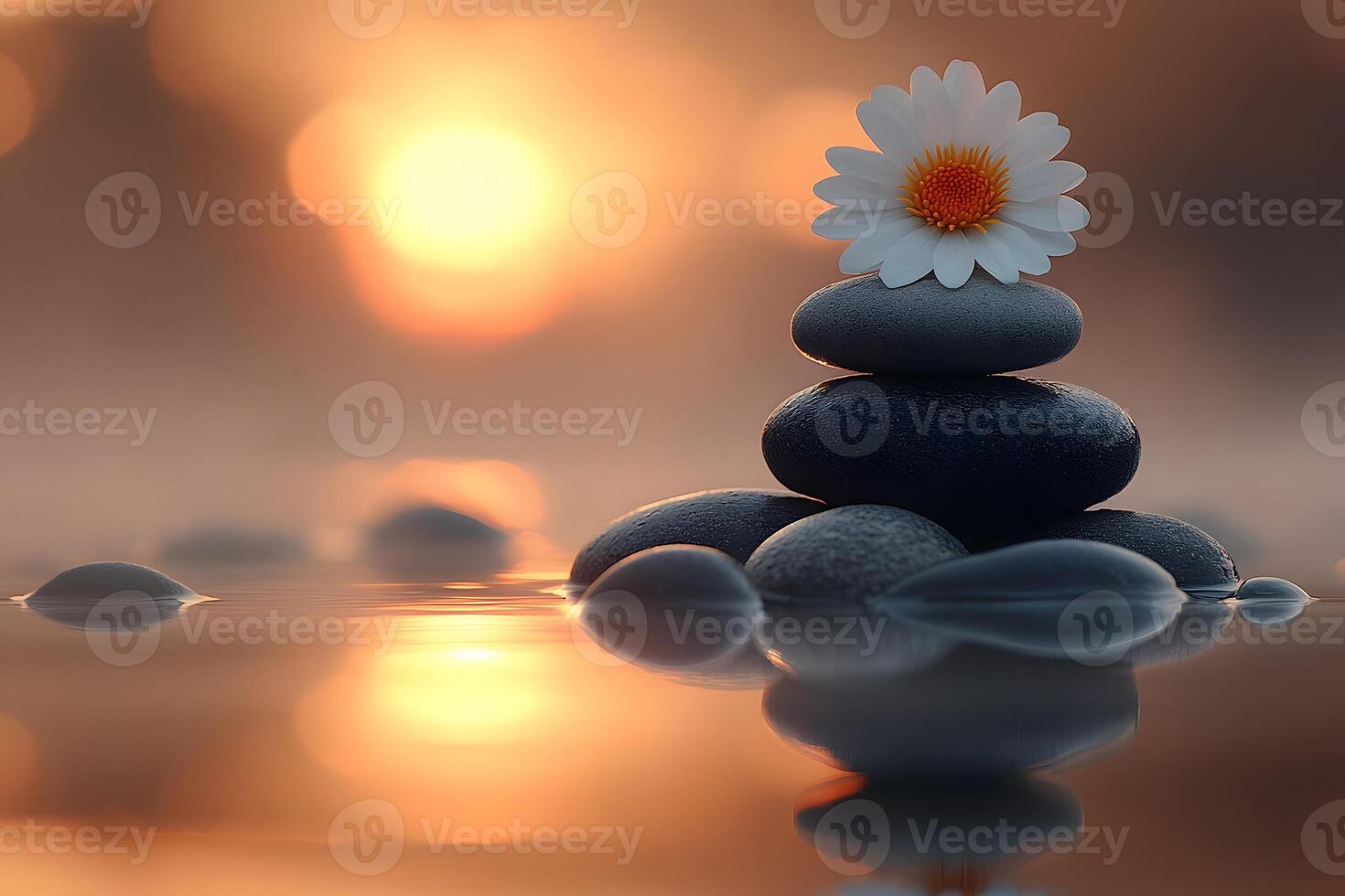 Tranquil Zen Garden Balancing Stones and Daisy at Sunset for Relaxation and Mindfulness, Generative photo