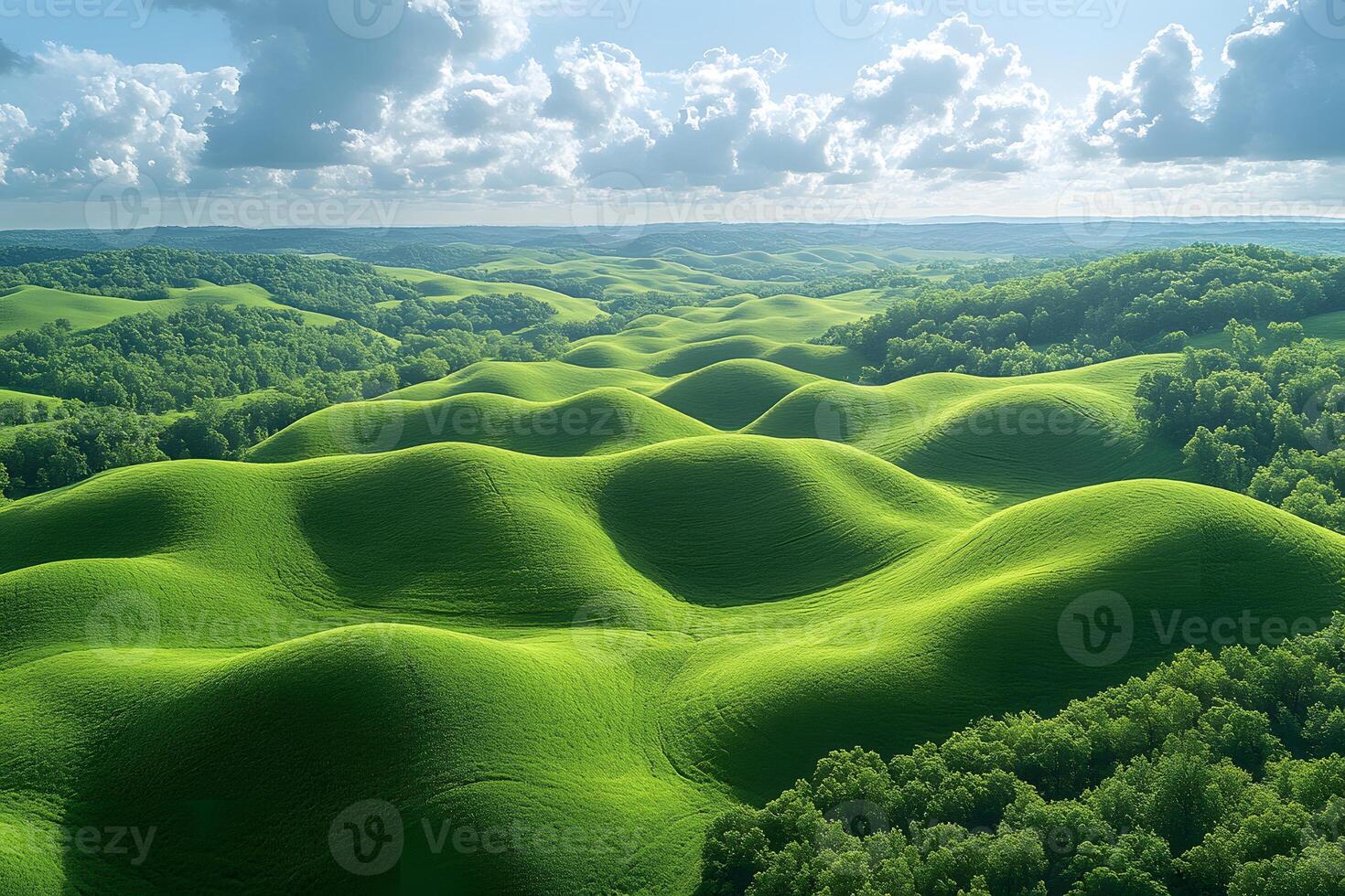 Rolling Green Hills Under a Cloudy Sky - Scenic Landscape for Background or Print, Generative photo