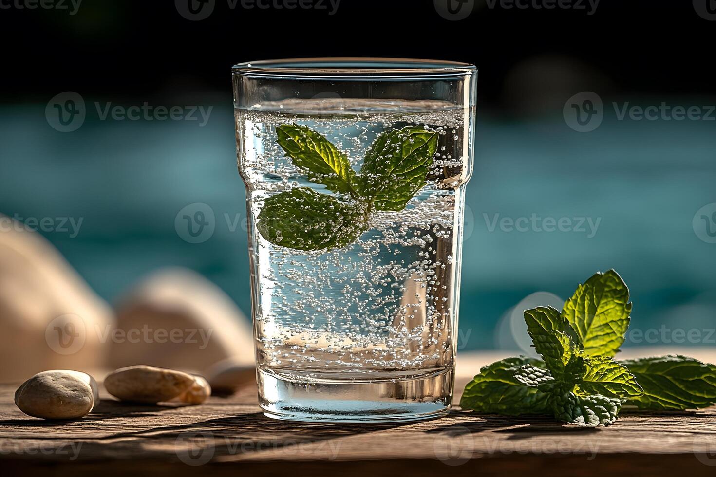 Refreshing Mint Sparkling Water by the Pool for a Summer Vacation Experience, photo
