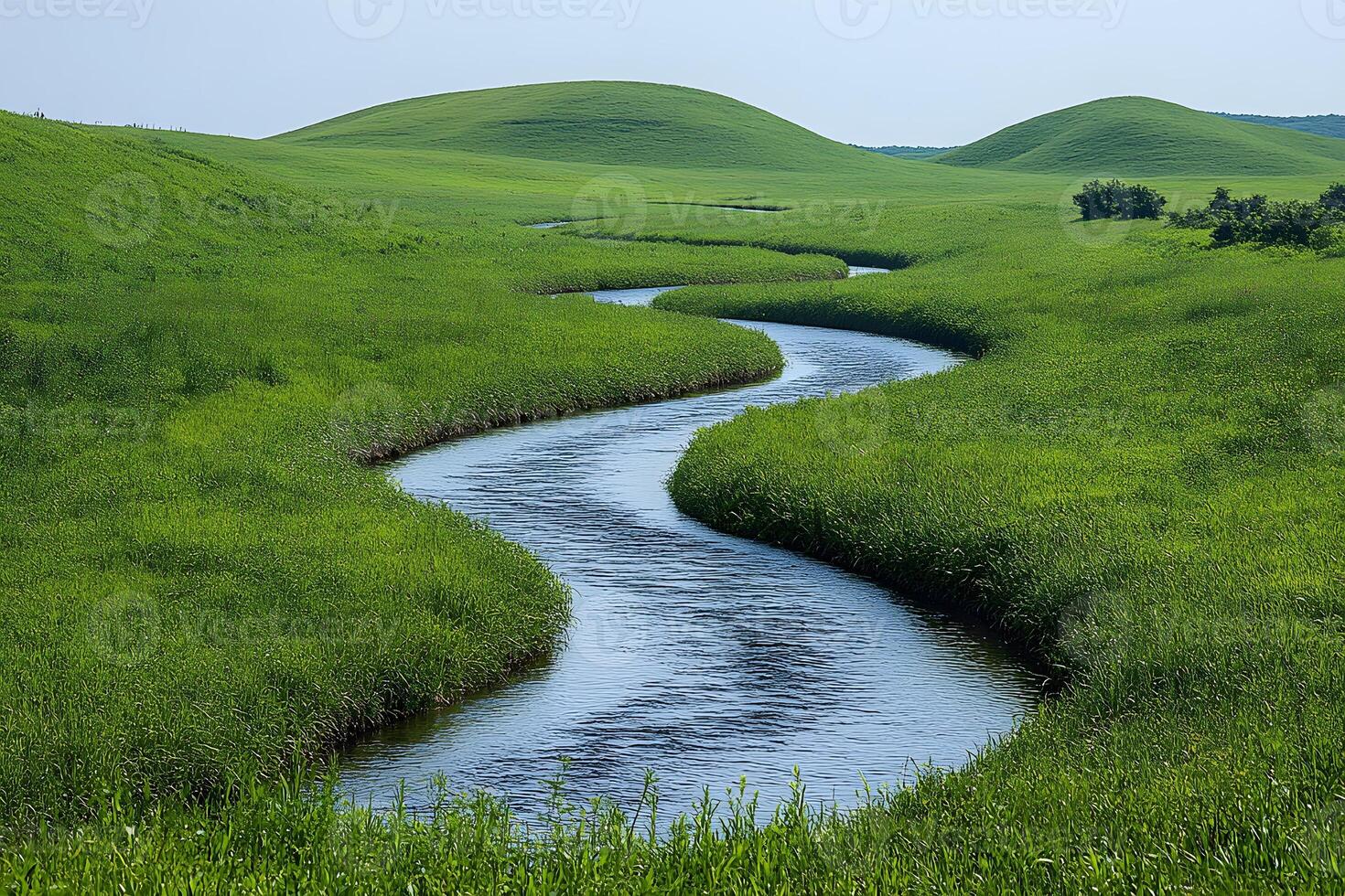 Serene Landscape of a Meandering River in Lush Green Fields for Nature Posters, photo