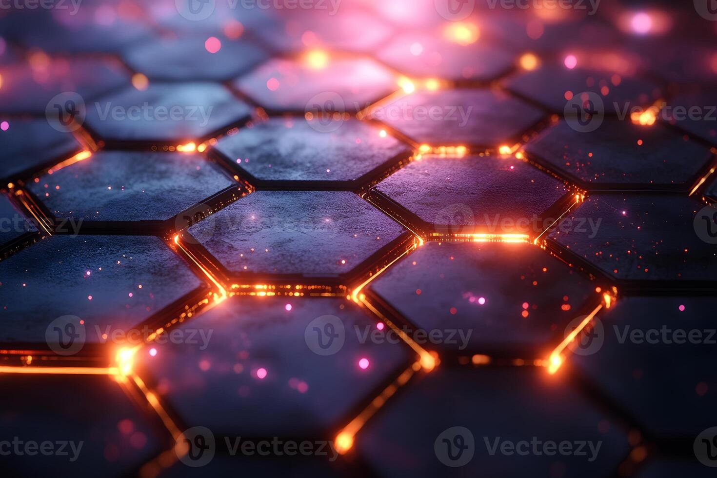 Futuristic Hexagonal Grid with Glowing Lights in Dark Abstract Scene photo