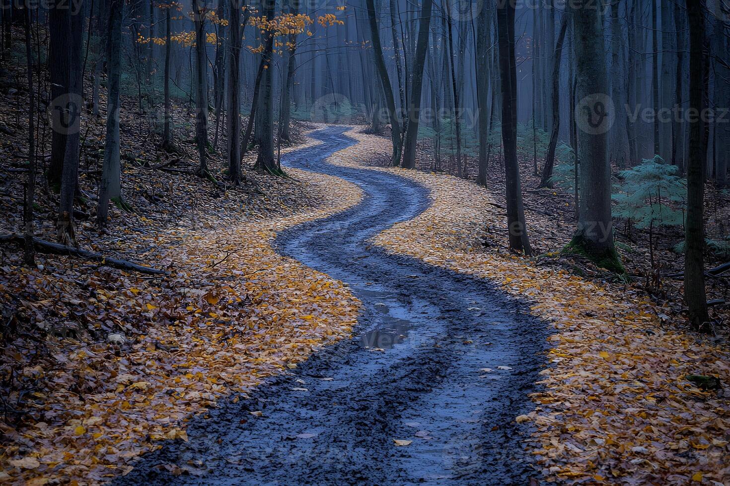 Serene Autumn Forest Pathway with Fallen Leaves in Misty Woodland photo