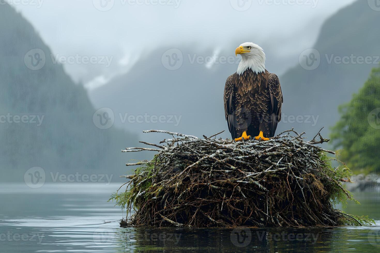 Majestic Bald Eagle Perched on Nest Amidst Misty Mountain Lake - Wildlife Photography photo