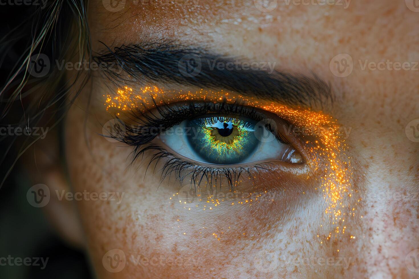 Enchanting Eye with Sparkling Gold Highlights for Artistic and Mystical Concepts photo