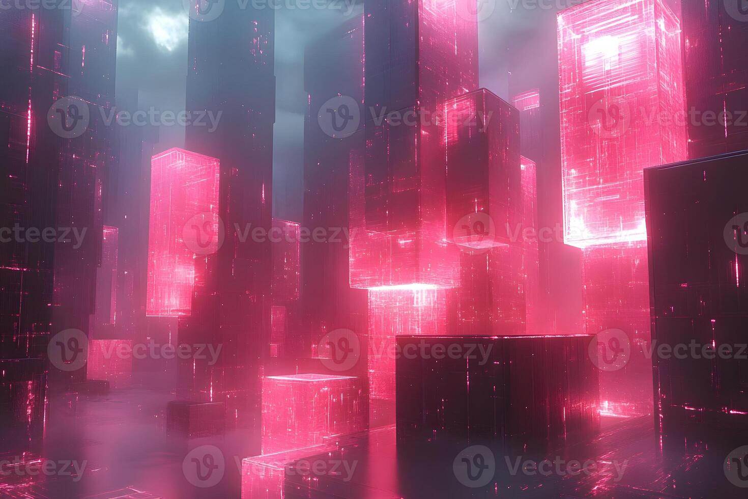Futuristic Neon Cyber Cityscape with Glowing Pink Buildings for Sci-Fi Concepts photo