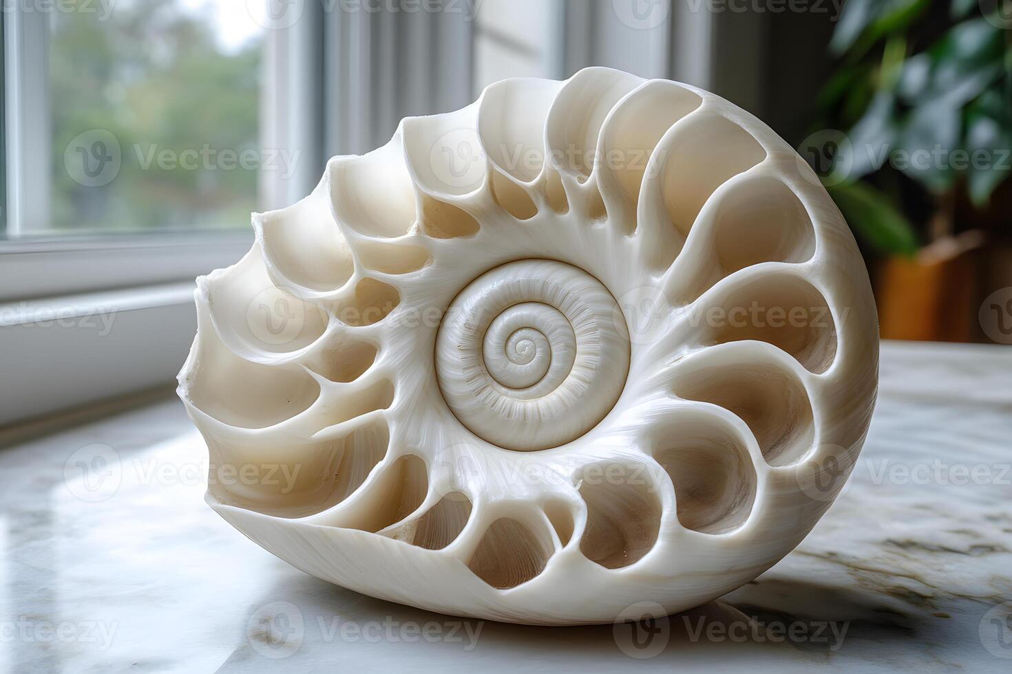 Intricate Nautilus Shell by Window for Nature-Inspired Design and Decor photo