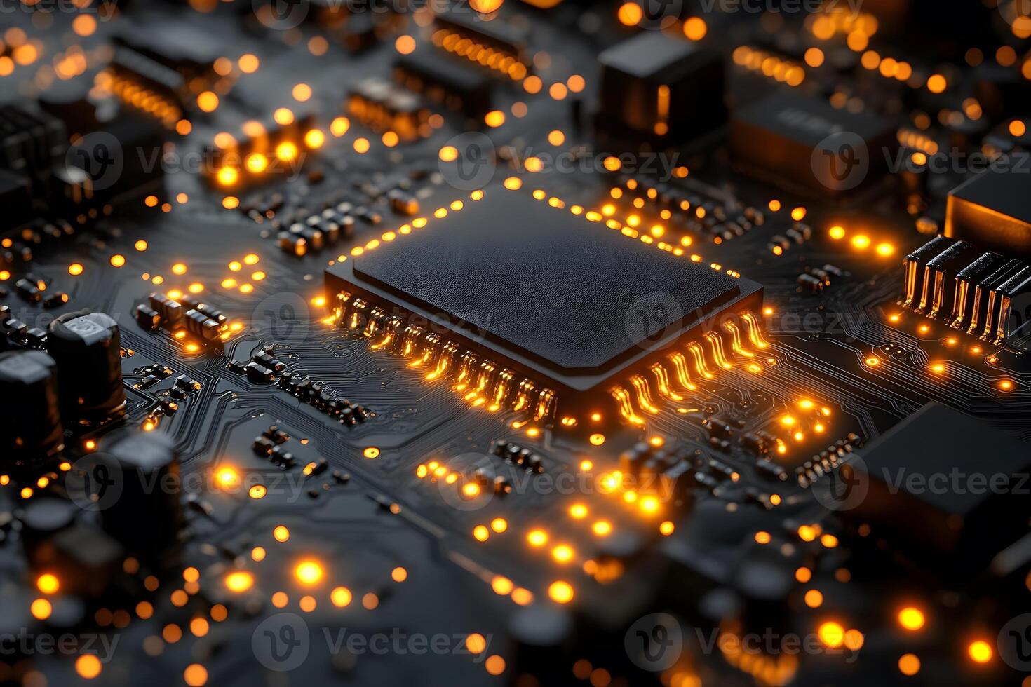 Futuristic Electronic Circuit Board with Glowing Microchips for Technology Design photo